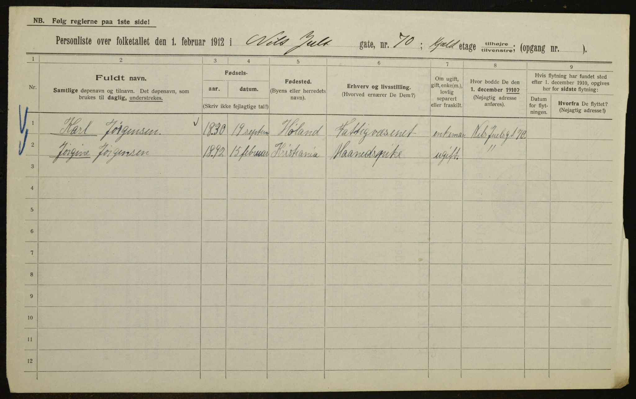 OBA, Municipal Census 1912 for Kristiania, 1912, p. 71561