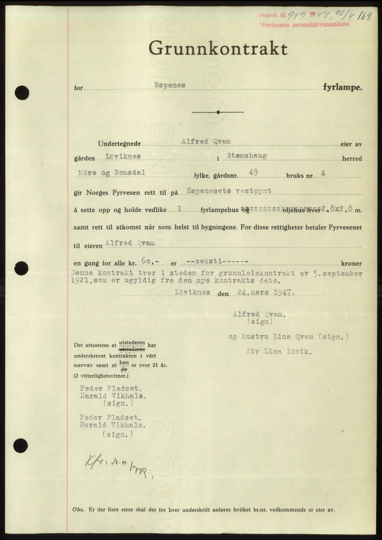 Nordmøre sorenskriveri, AV/SAT-A-4132/1/2/2Ca: Mortgage book no. B96, 1947-1947, Diary no: : 949/1947