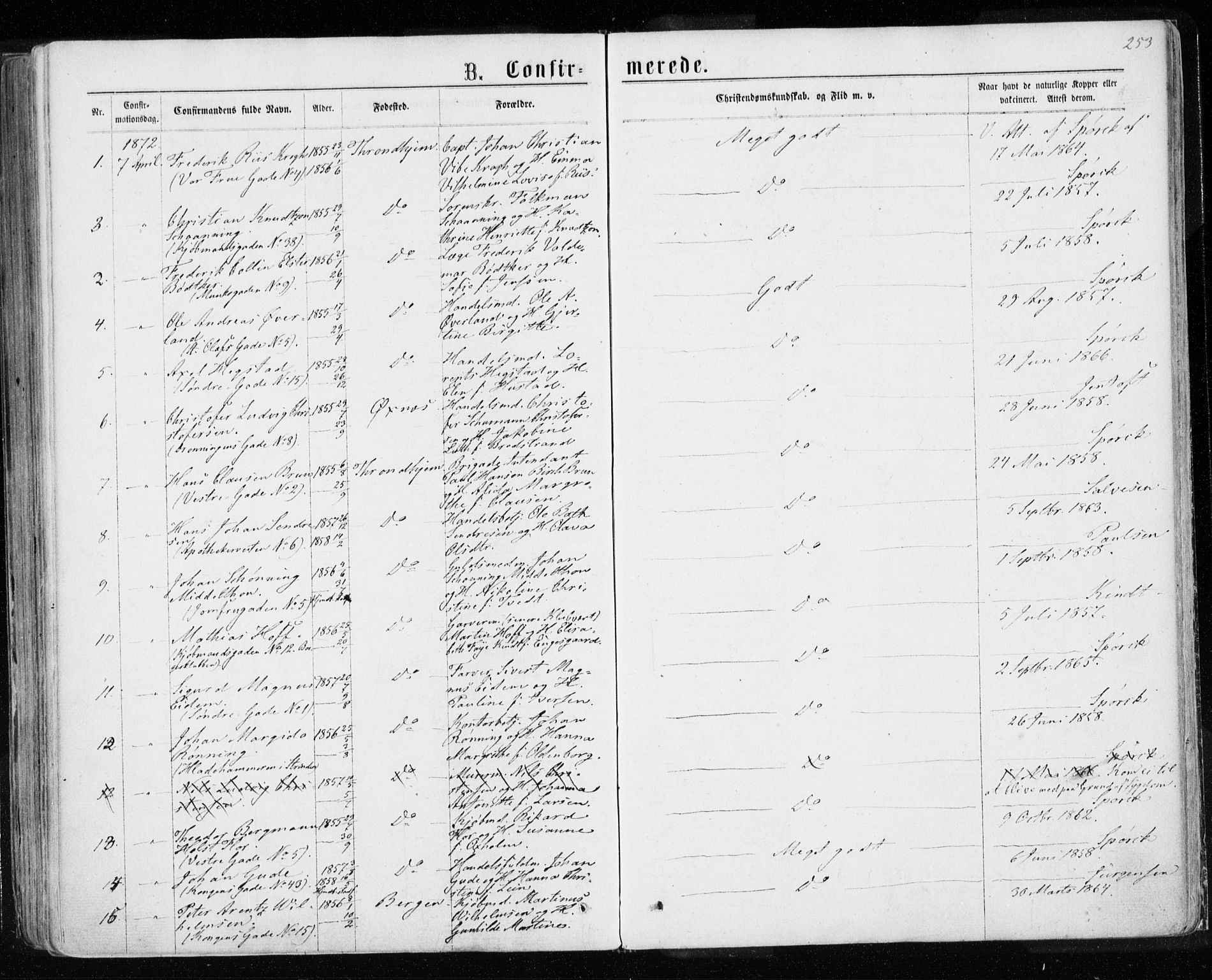 Ministerialprotokoller, klokkerbøker og fødselsregistre - Sør-Trøndelag, SAT/A-1456/601/L0054: Parish register (official) no. 601A22, 1866-1877, p. 253