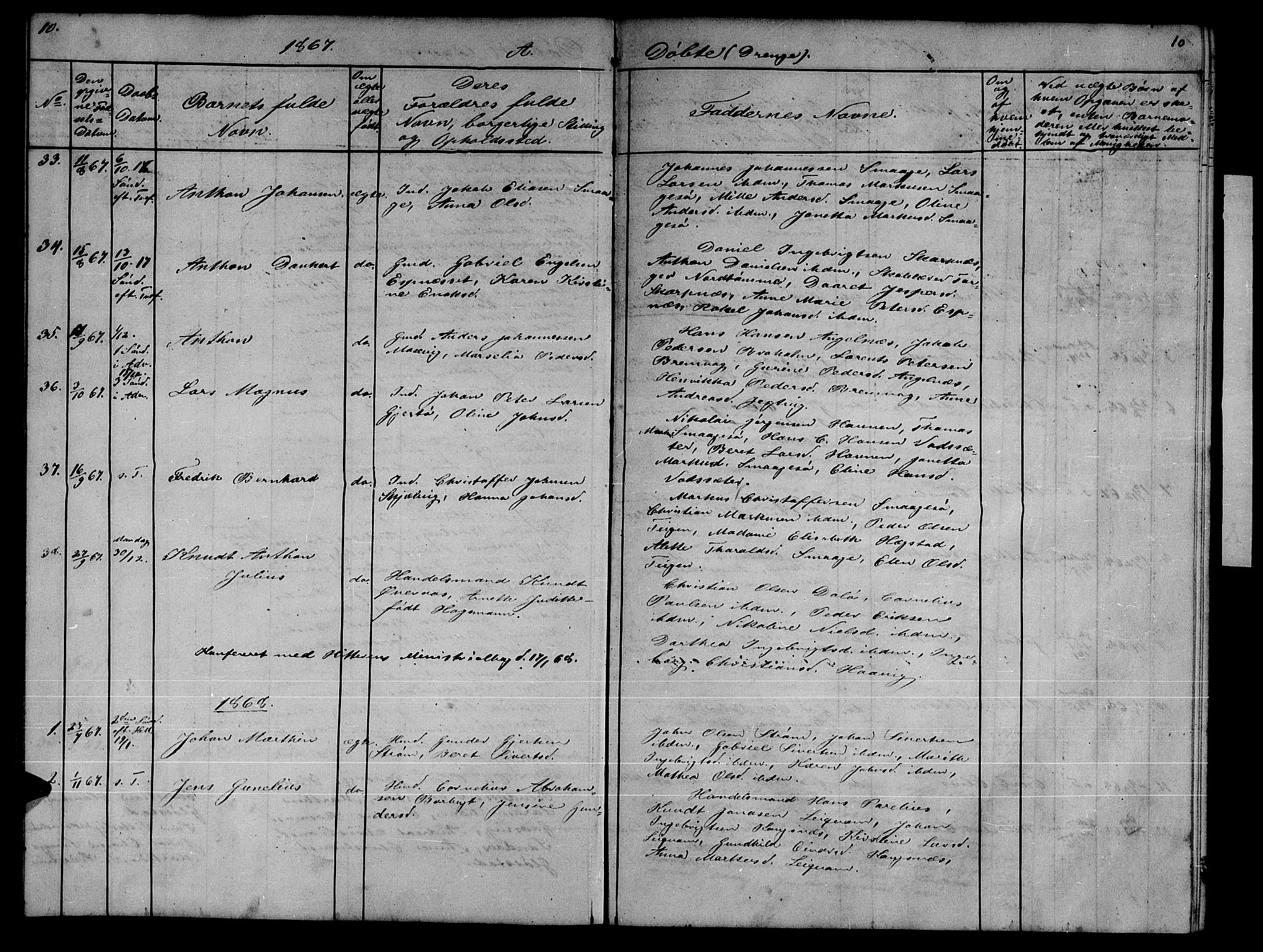 Ministerialprotokoller, klokkerbøker og fødselsregistre - Sør-Trøndelag, SAT/A-1456/634/L0539: Parish register (copy) no. 634C01, 1866-1873, p. 10