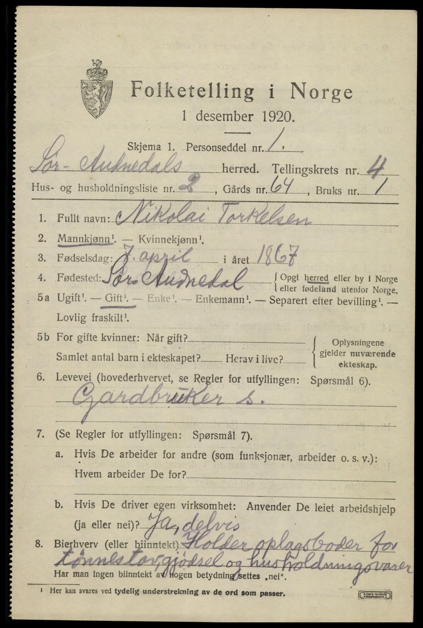 SAK, 1920 census for Sør-Audnedal, 1920, p. 2179