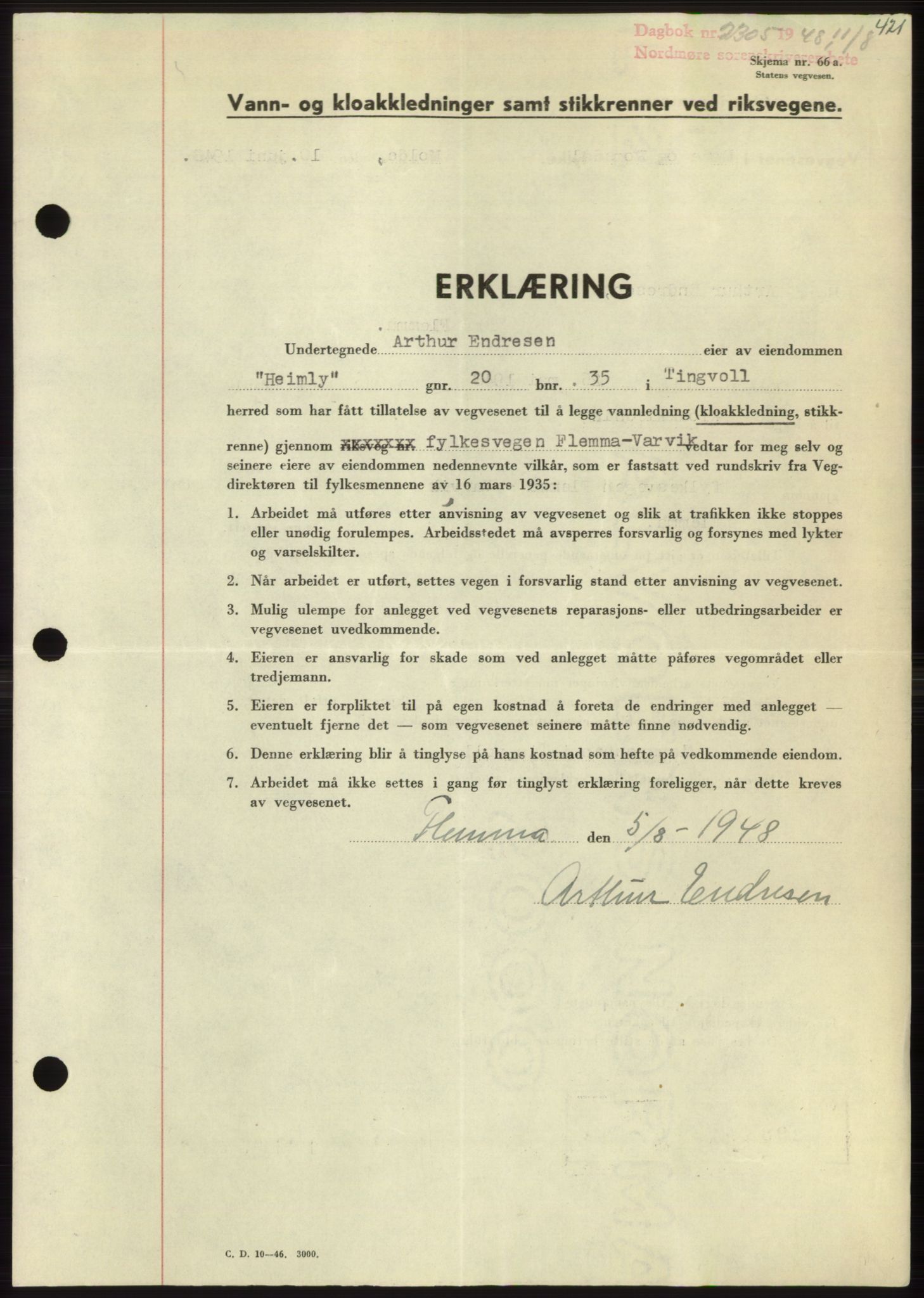 Nordmøre sorenskriveri, AV/SAT-A-4132/1/2/2Ca: Mortgage book no. B99, 1948-1948, Diary no: : 2305/1948