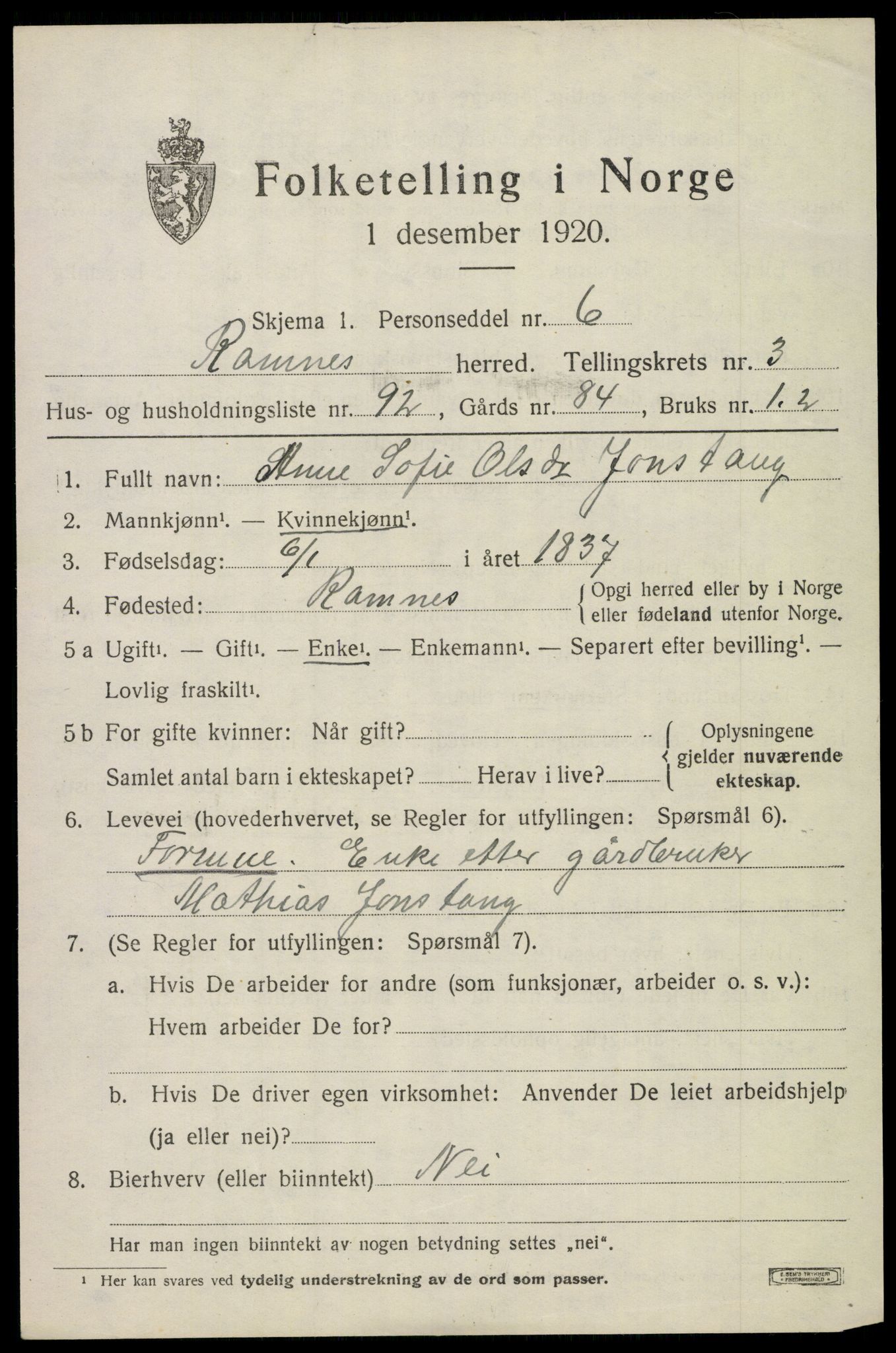 SAKO, 1920 census for Ramnes, 1920, p. 4310