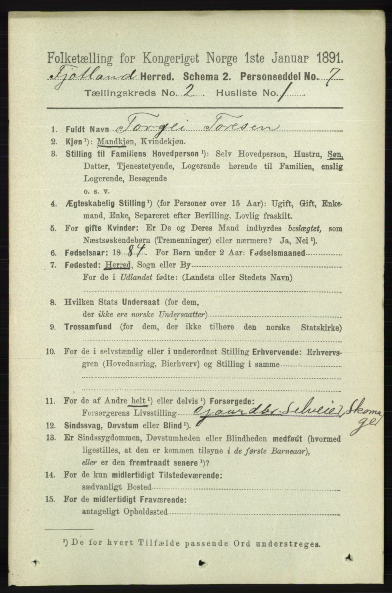 RA, 1891 census for 1036 Fjotland, 1891, p. 242