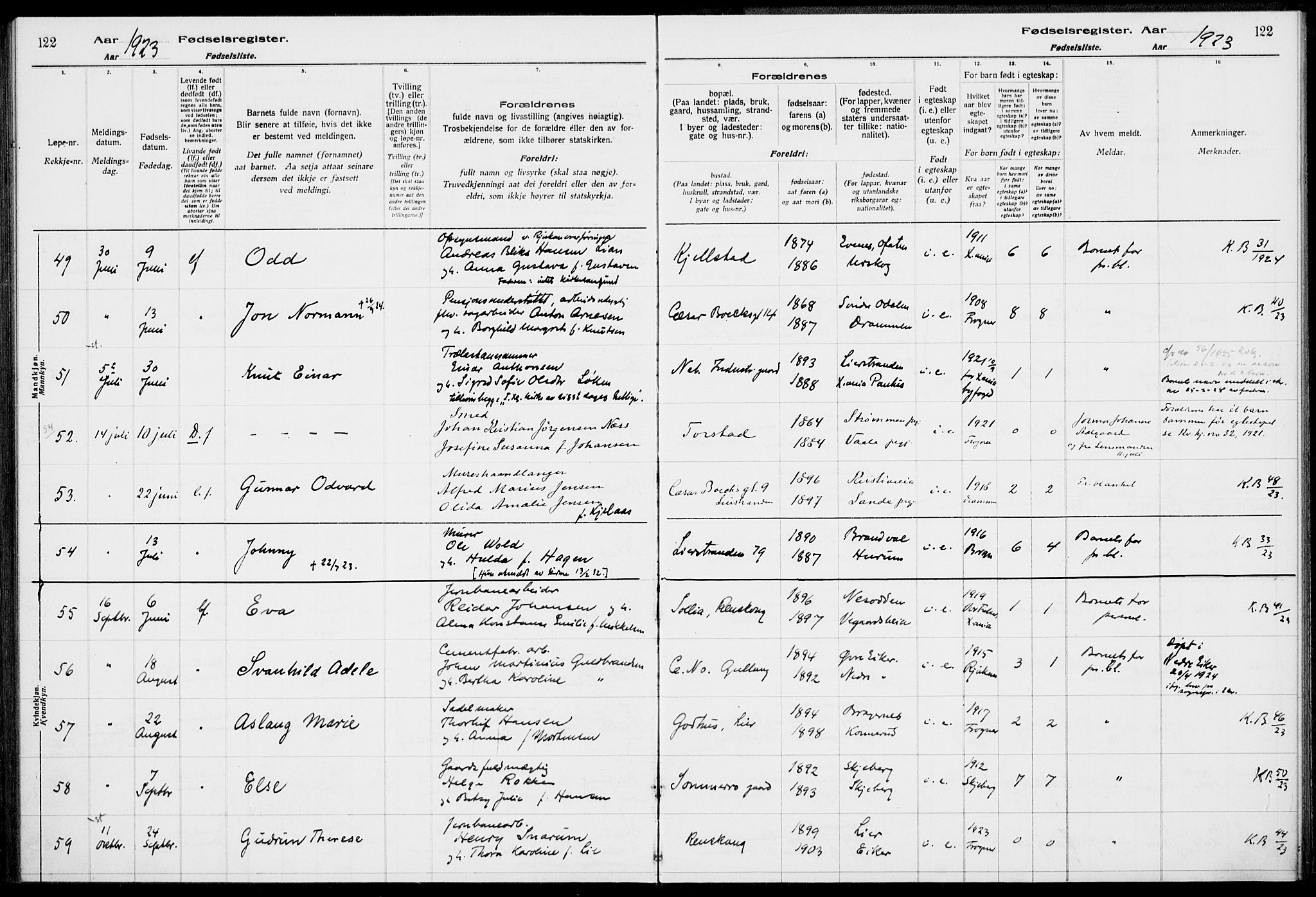 Lier kirkebøker, AV/SAKO-A-230/J/Ja/L0001: Birth register no. 1, 1916-1928, p. 122