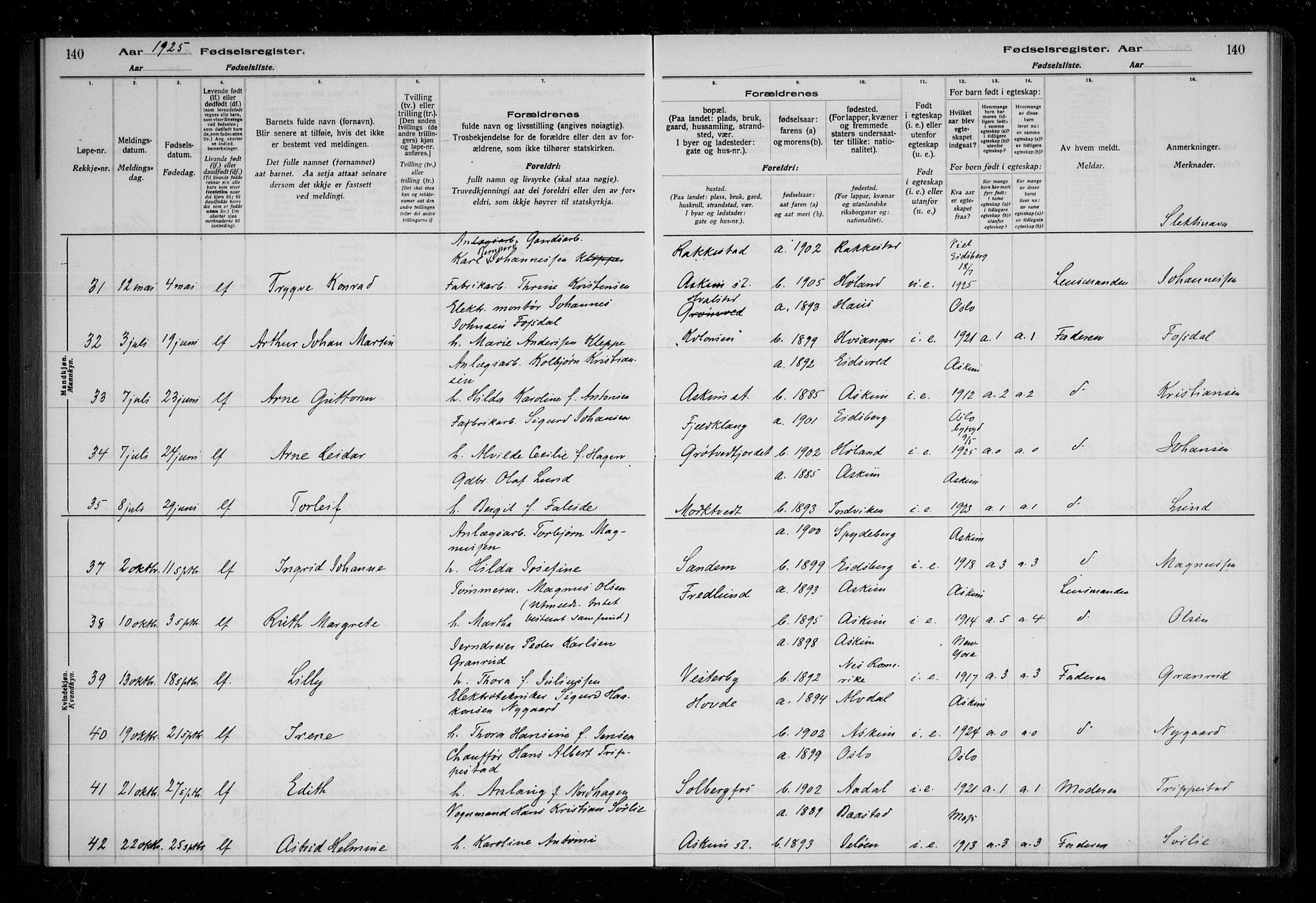 Askim prestekontor Kirkebøker, AV/SAO-A-10900/J/Ja/L0001: Birth register no. 1, 1916-1929, p. 140