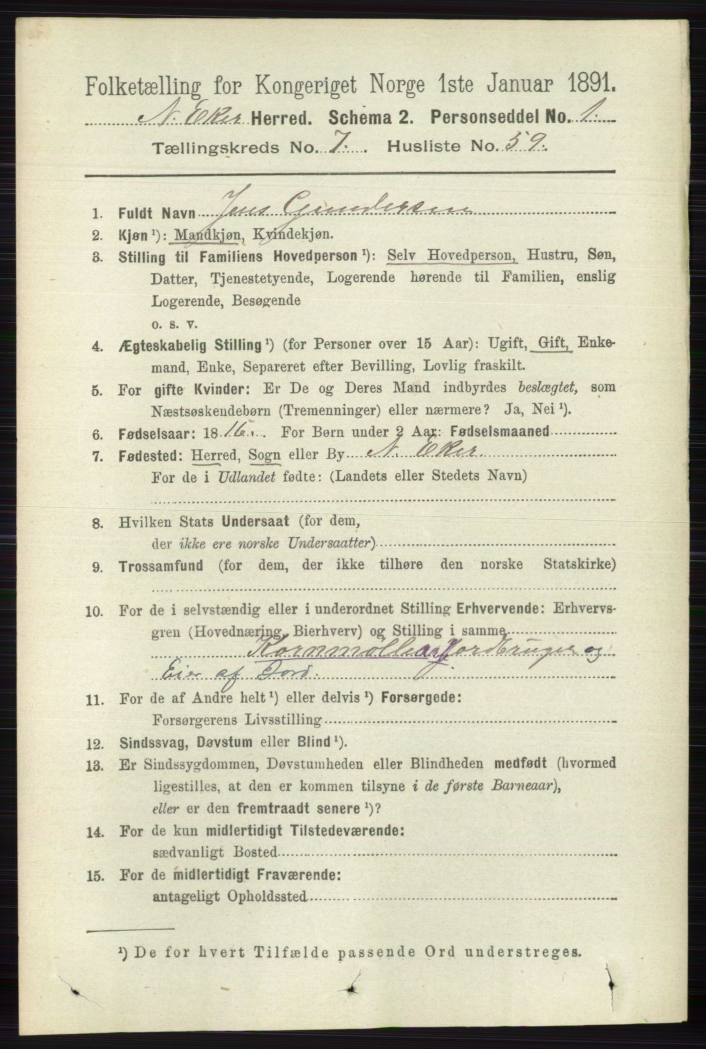 RA, 1891 census for 0625 Nedre Eiker, 1891, p. 3837