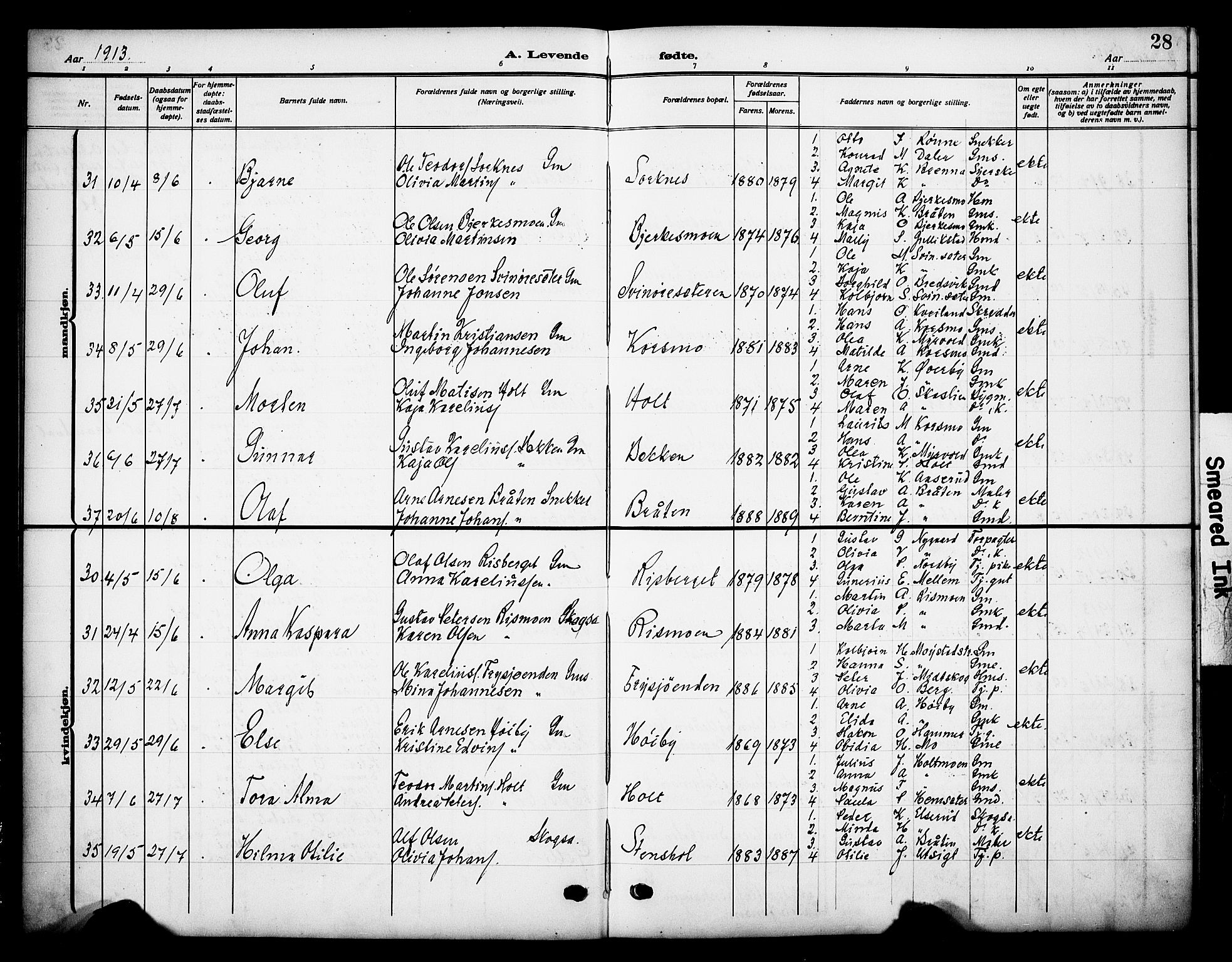 Grue prestekontor, AV/SAH-PREST-036/H/Ha/Haa/L0015: Parish register (official) no. 15, 1911-1922, p. 28