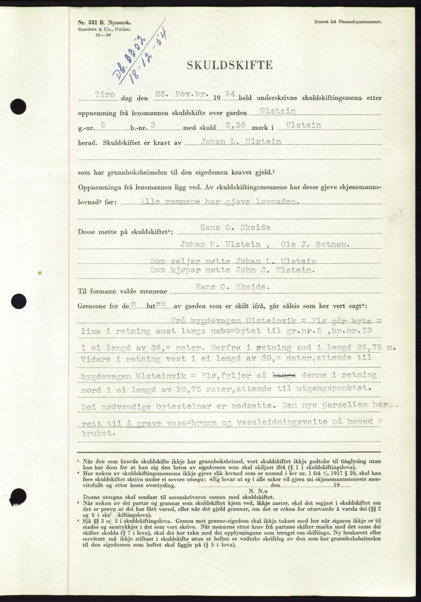 Søre Sunnmøre sorenskriveri, AV/SAT-A-4122/1/2/2C/L0099: Mortgage book no. 25A, 1954-1954, Diary no: : 3352/1954