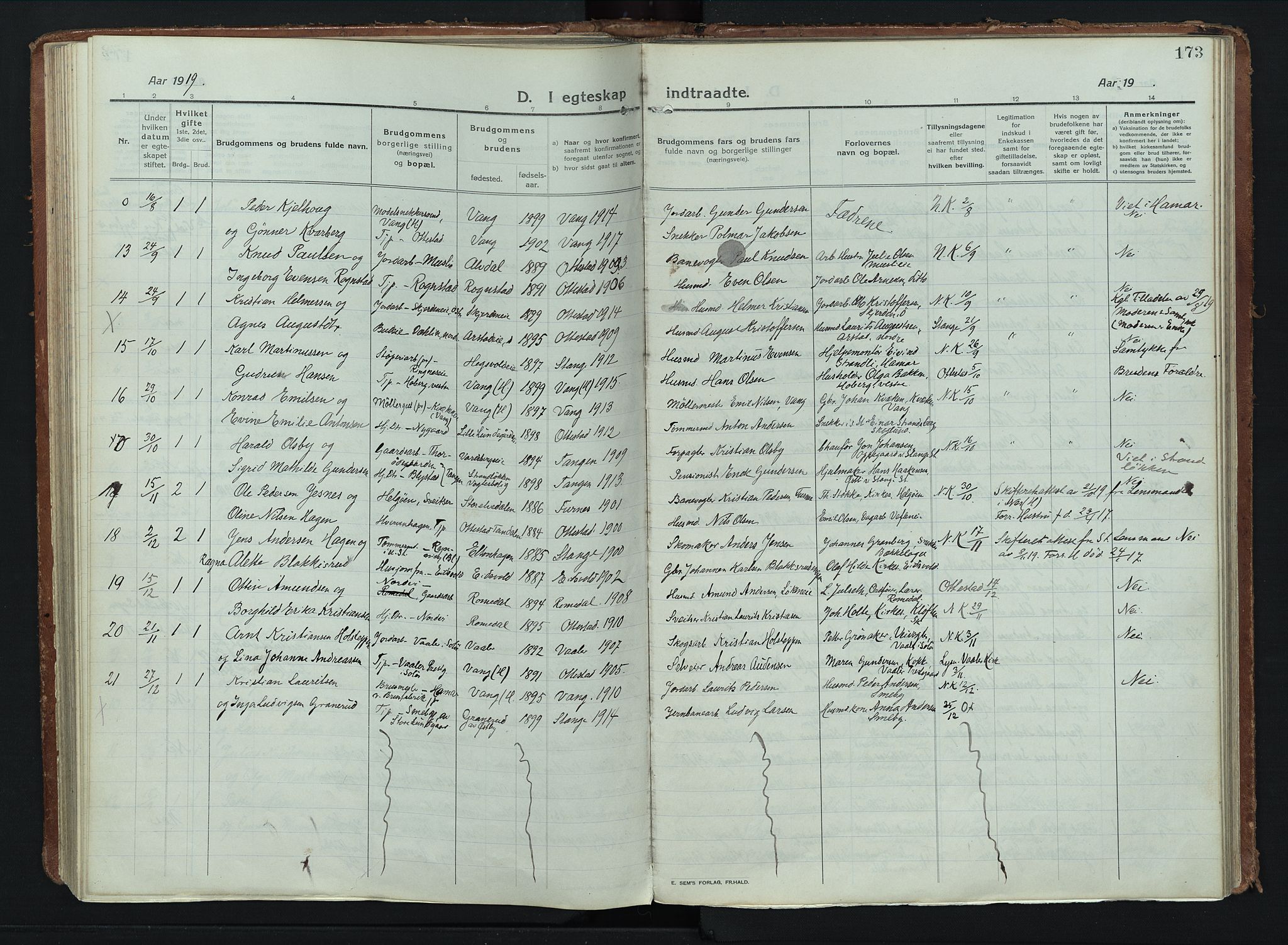 Stange prestekontor, AV/SAH-PREST-002/K/L0028: Parish register (official) no. 28, 1913-1932, p. 173