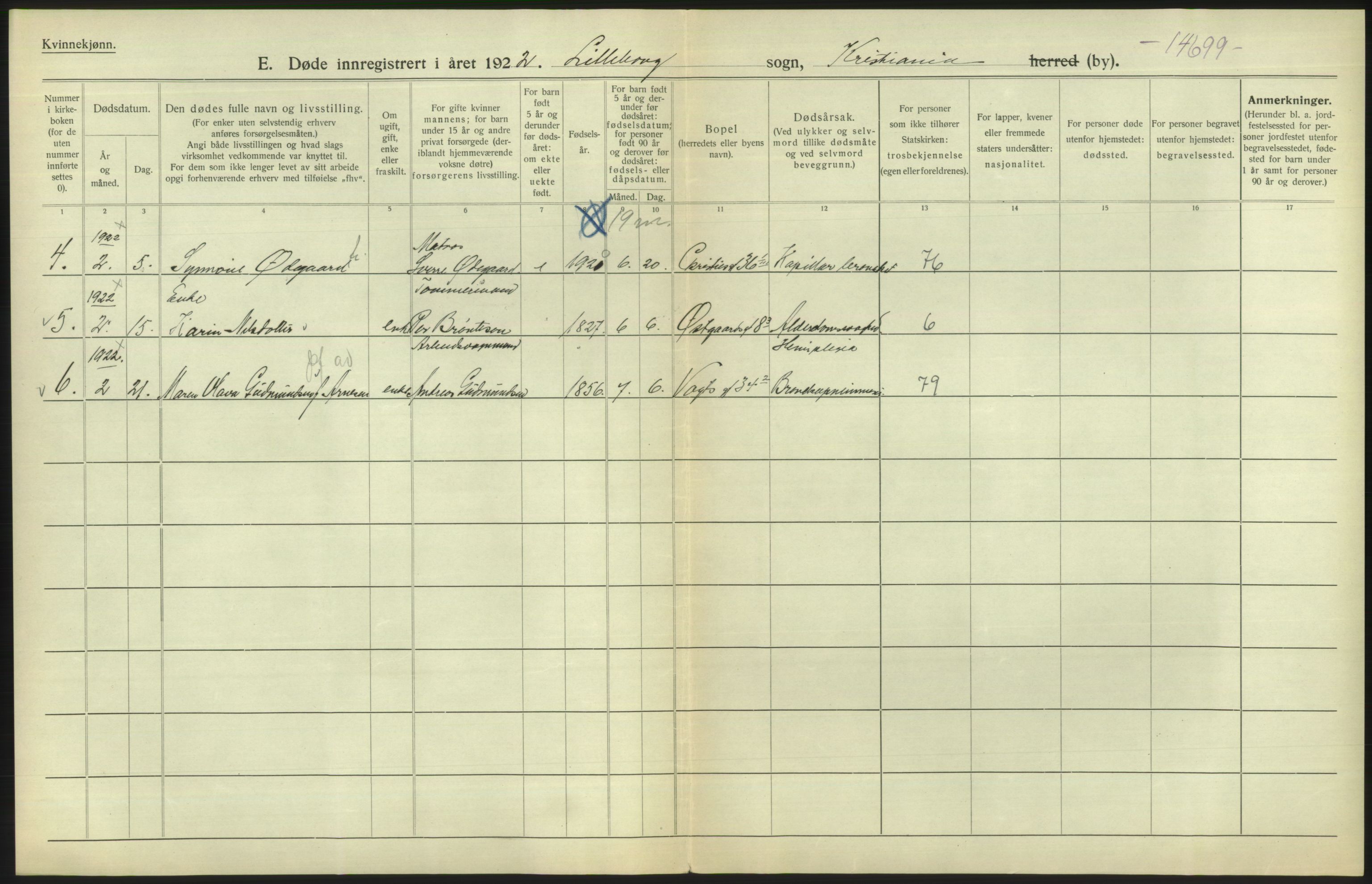 Statistisk sentralbyrå, Sosiodemografiske emner, Befolkning, AV/RA-S-2228/D/Df/Dfc/Dfcb/L0009: Kristiania: Døde, 1922, p. 490