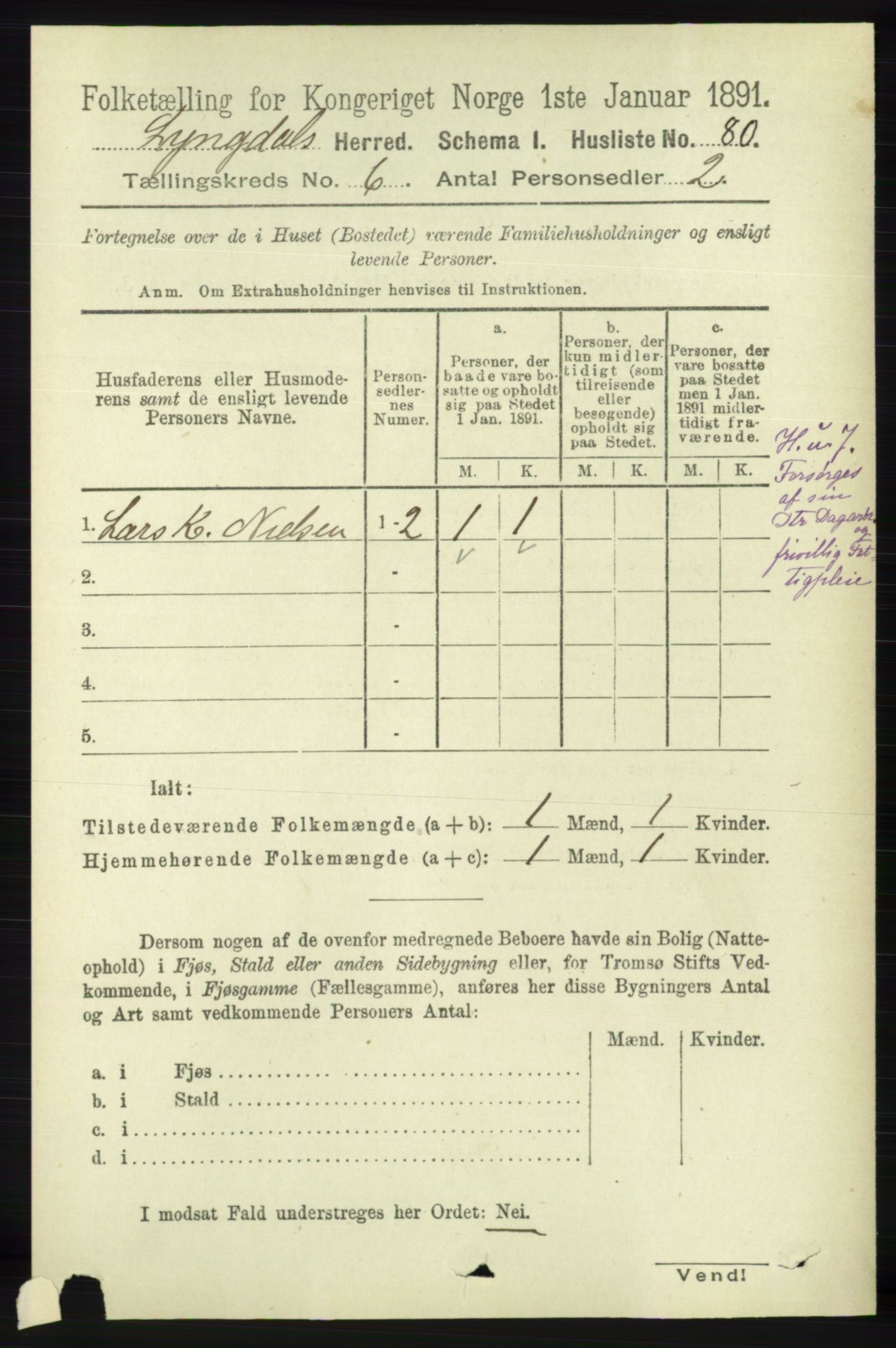 RA, 1891 census for 1032 Lyngdal, 1891, p. 2455