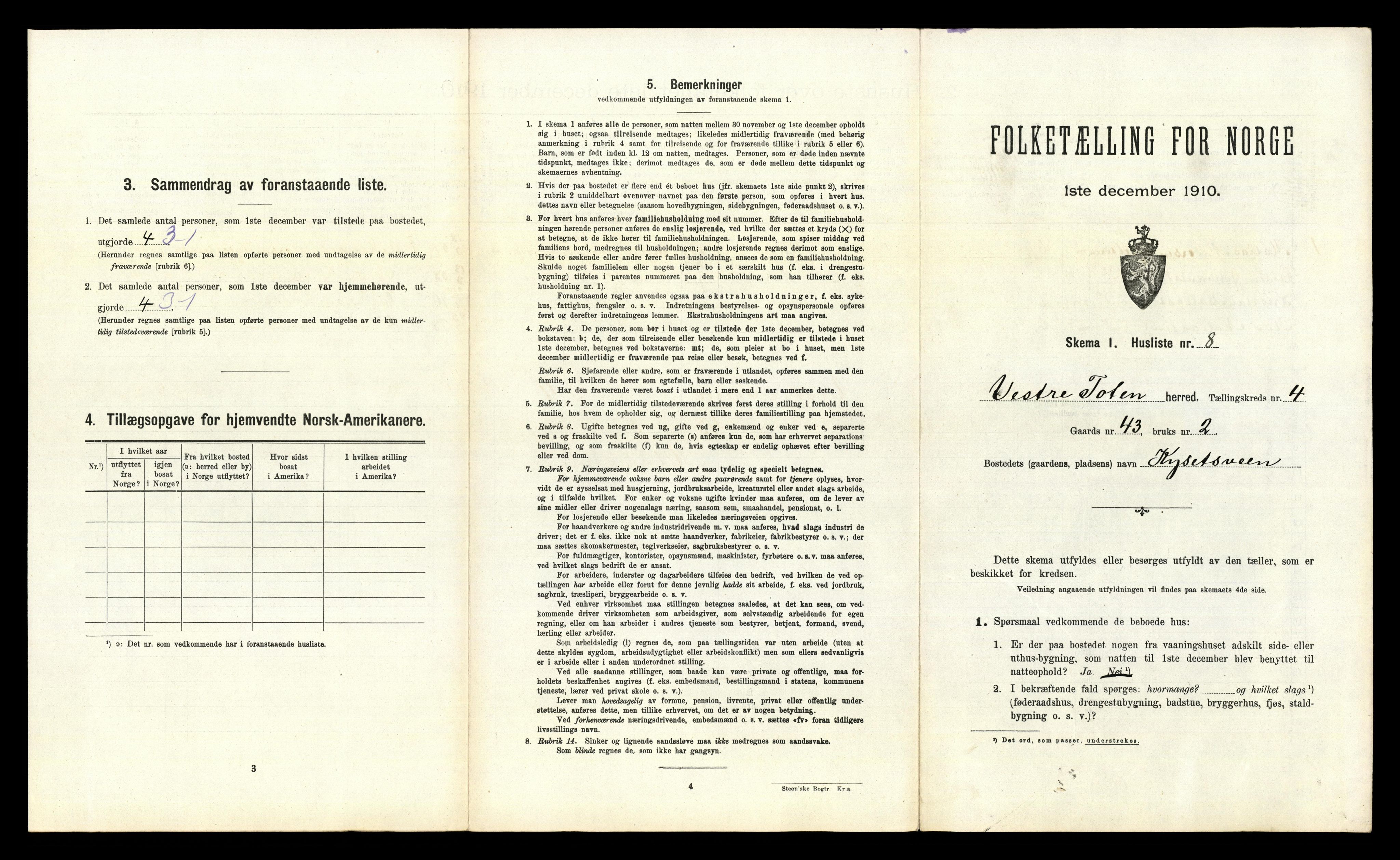 RA, 1910 census for Vestre Toten, 1910, p. 535