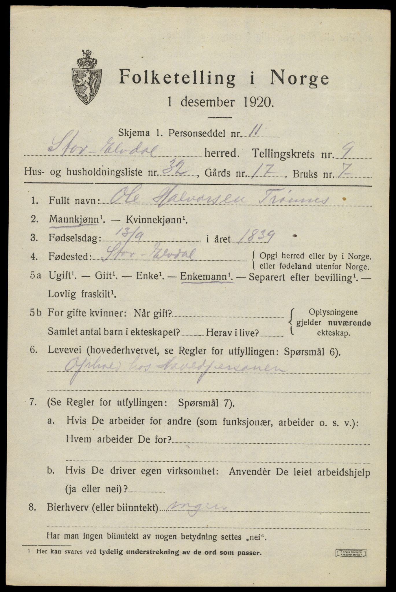 SAH, 1920 census for Stor-Elvdal, 1920, p. 8864