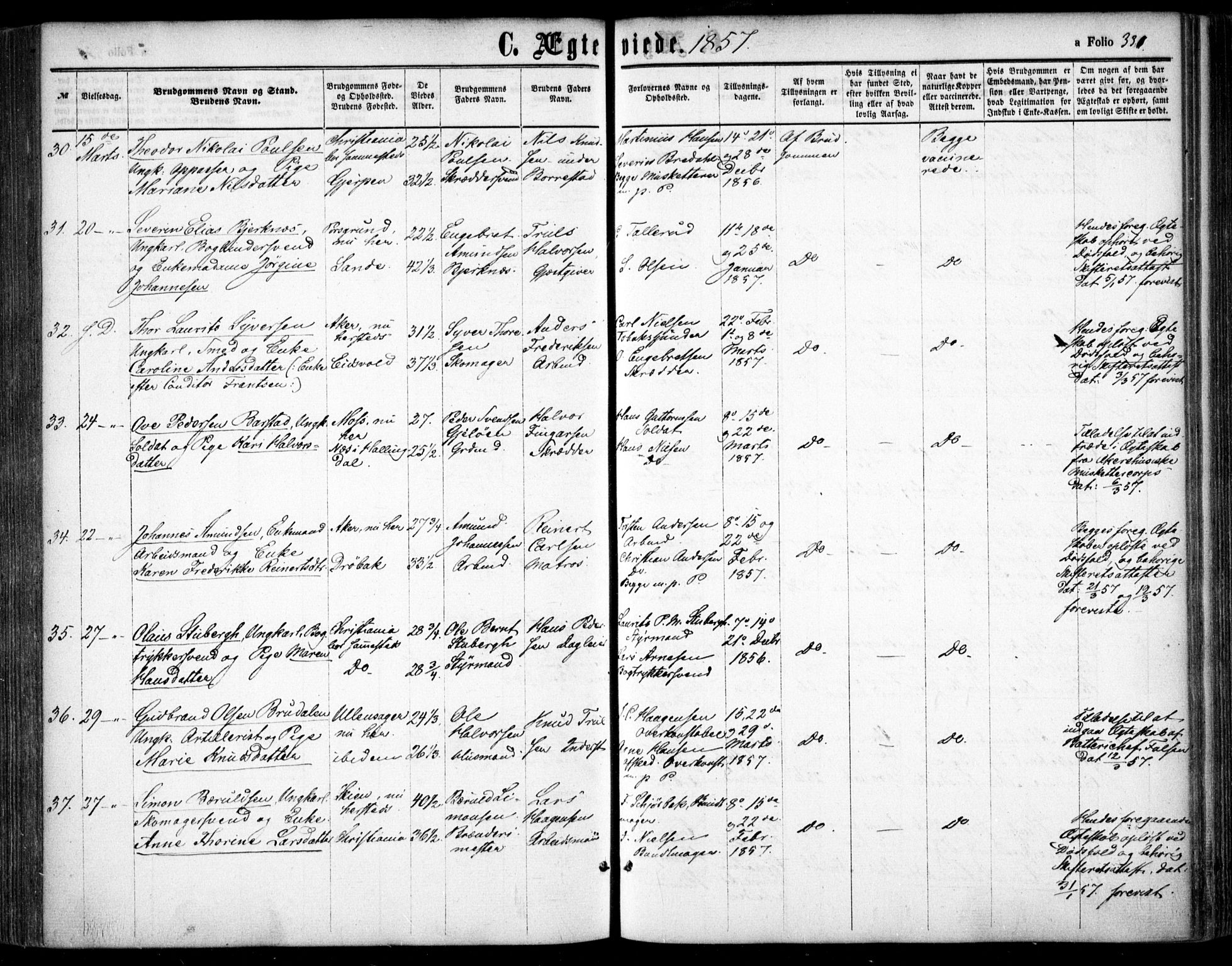 Oslo domkirke Kirkebøker, SAO/A-10752/F/Fa/L0020: Parish register (official) no. 20, 1848-1865, p. 331