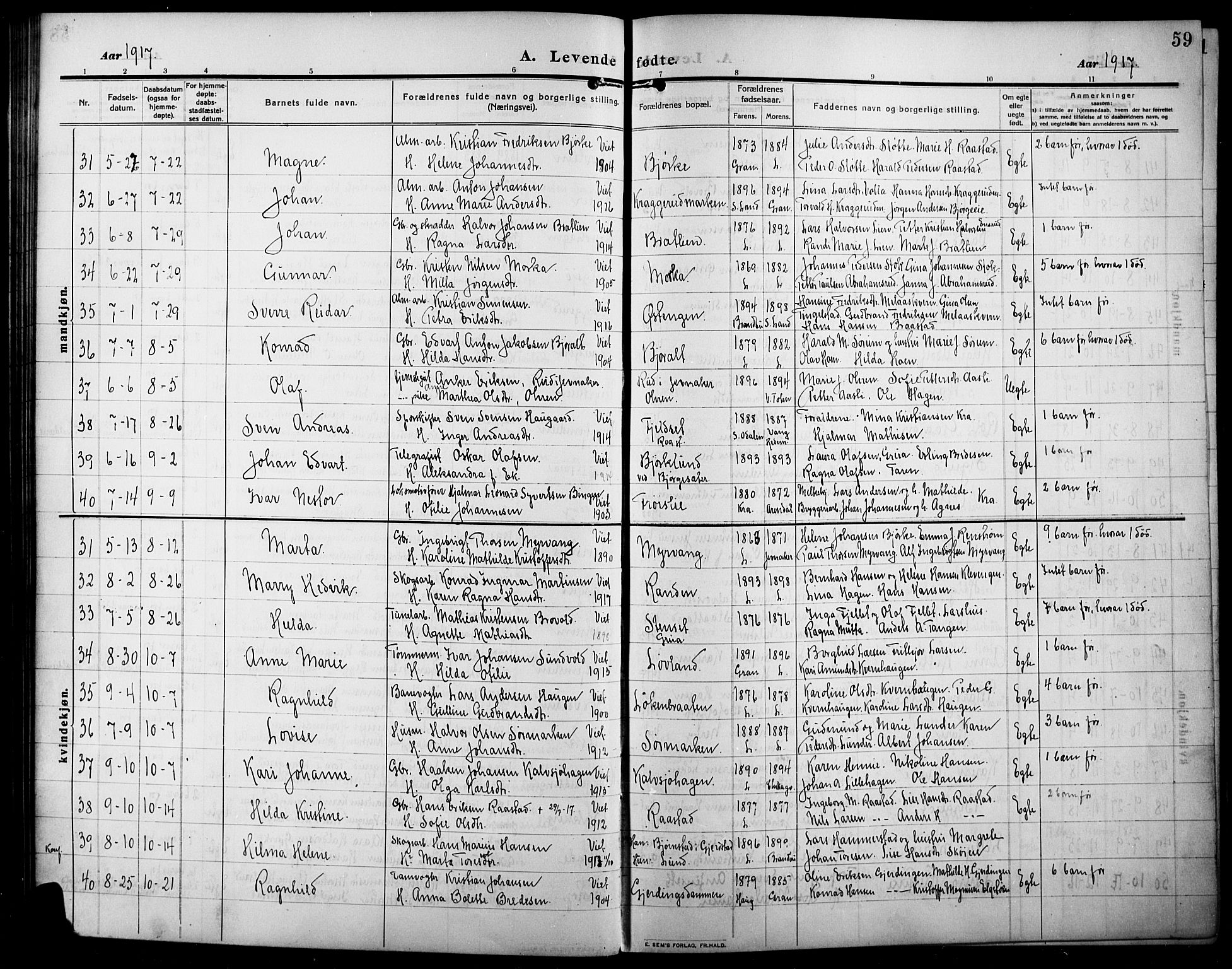 Lunner prestekontor, AV/SAH-PREST-118/H/Ha/Hab/L0001: Parish register (copy) no. 1, 1909-1922, p. 59