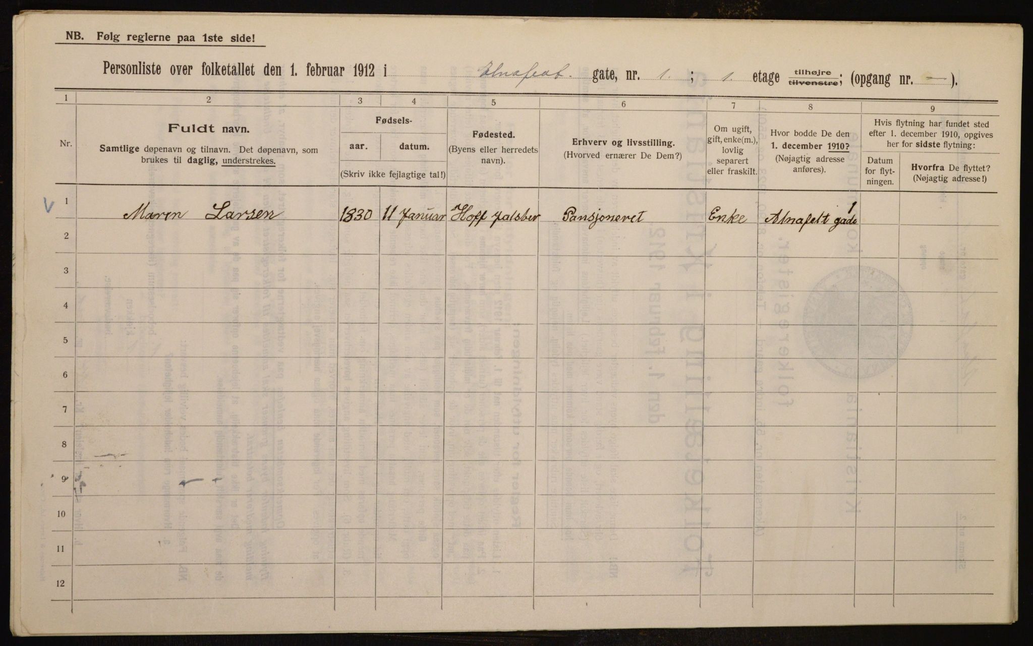 OBA, Municipal Census 1912 for Kristiania, 1912, p. 1069