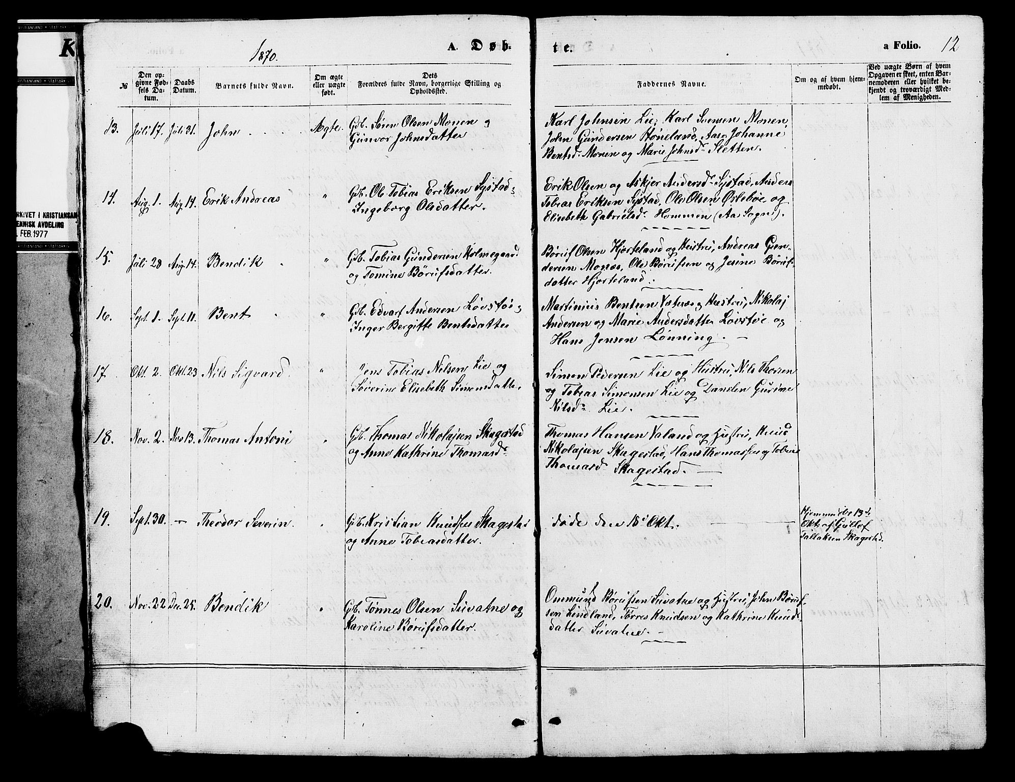 Holum sokneprestkontor, SAK/1111-0022/F/Fb/Fba/L0004: Parish register (copy) no. B 4, 1867-1890, p. 12