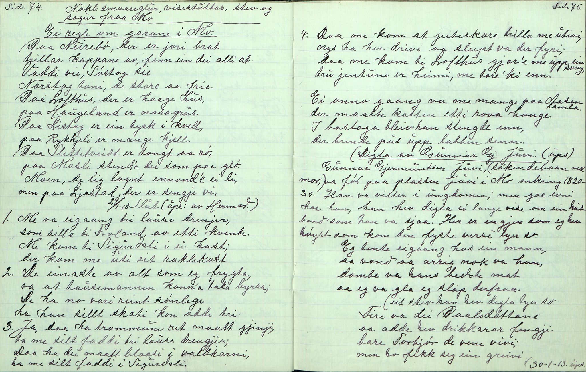 Rikard Berge, TEMU/TGM-A-1003/F/L0006/0044: 201-250 / 244 Uppskriftir av Hallvord Kaldbast, Mo. Ballader, viser, leikar etc. , 1911-1913, p. 74-75