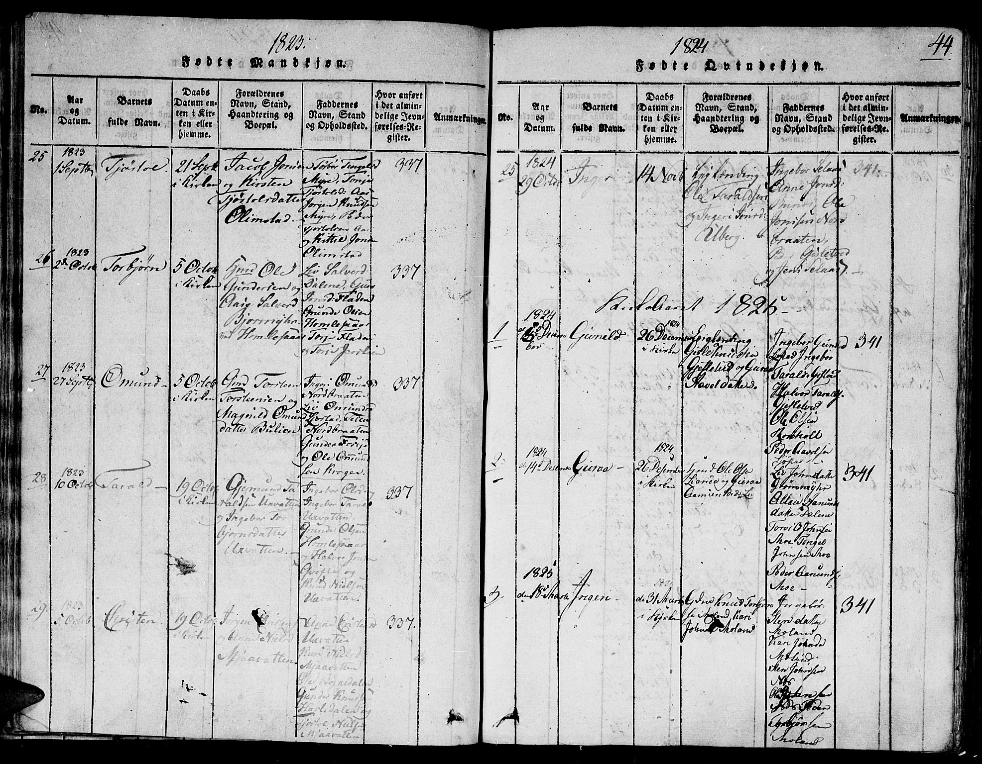 Gjerstad sokneprestkontor, SAK/1111-0014/F/Fb/Fbb/L0001: Parish register (copy) no. B 1, 1813-1863, p. 44