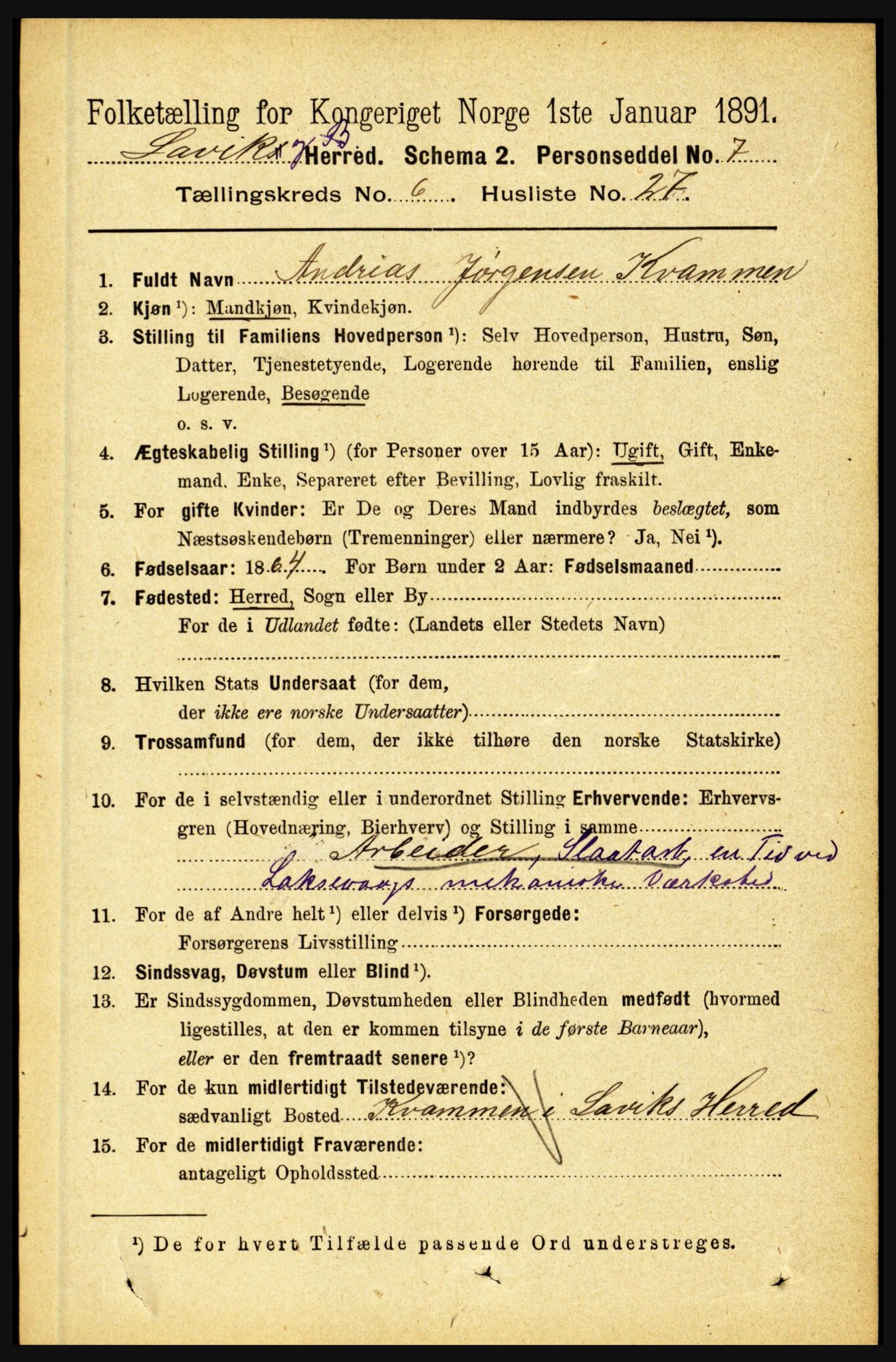 RA, 1891 census for 1415 Lavik og Brekke, 1891, p. 1312