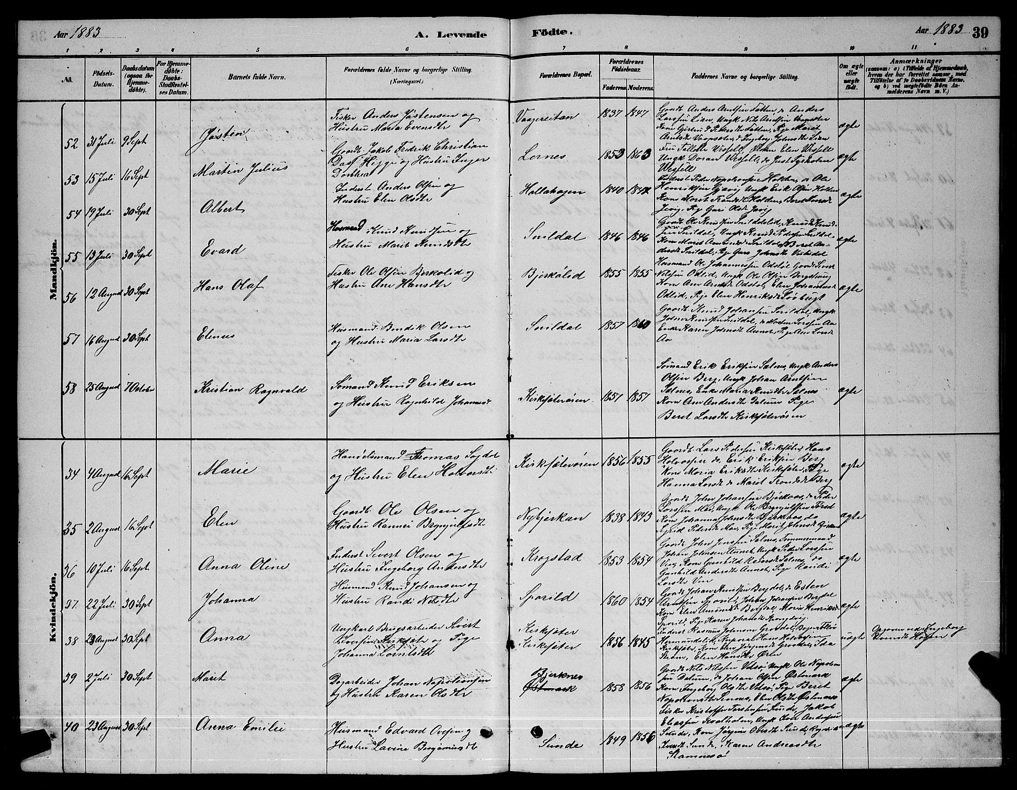 Ministerialprotokoller, klokkerbøker og fødselsregistre - Sør-Trøndelag, AV/SAT-A-1456/630/L0504: Parish register (copy) no. 630C02, 1879-1898, p. 39