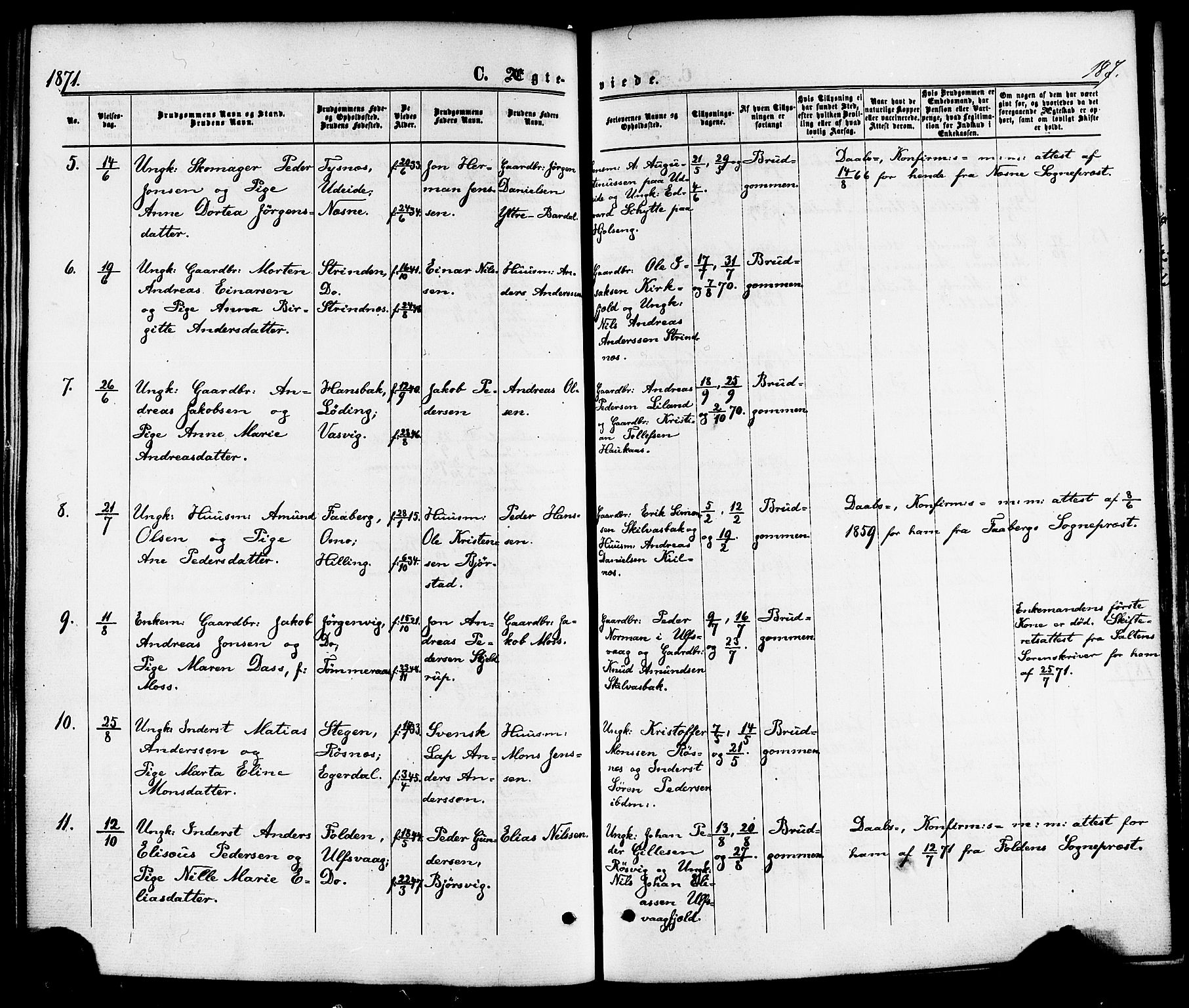 Ministerialprotokoller, klokkerbøker og fødselsregistre - Nordland, SAT/A-1459/859/L0845: Parish register (official) no. 859A05, 1863-1877, p. 187