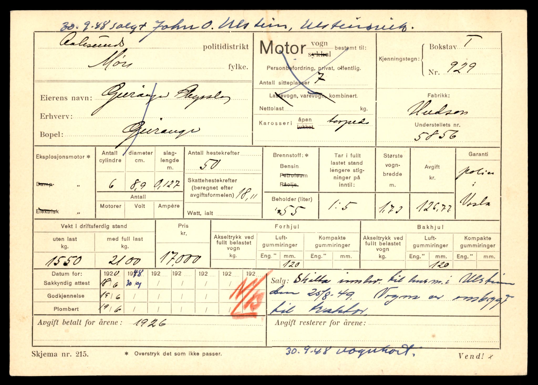 Møre og Romsdal vegkontor - Ålesund trafikkstasjon, SAT/A-4099/F/Fe/L0009: Registreringskort for kjøretøy T 896 - T 1049, 1927-1998, p. 521