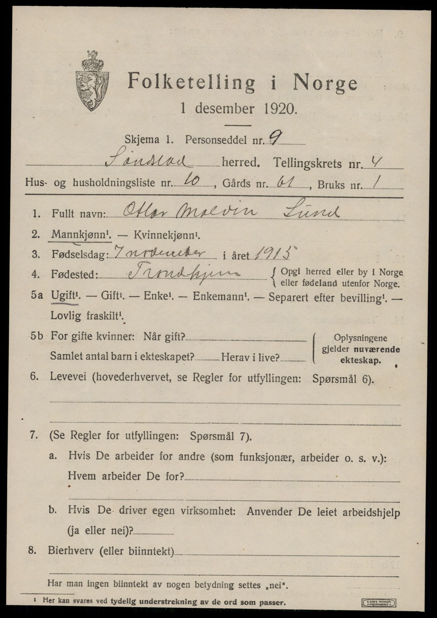 SAT, 1920 census for Sandstad, 1920, p. 2083