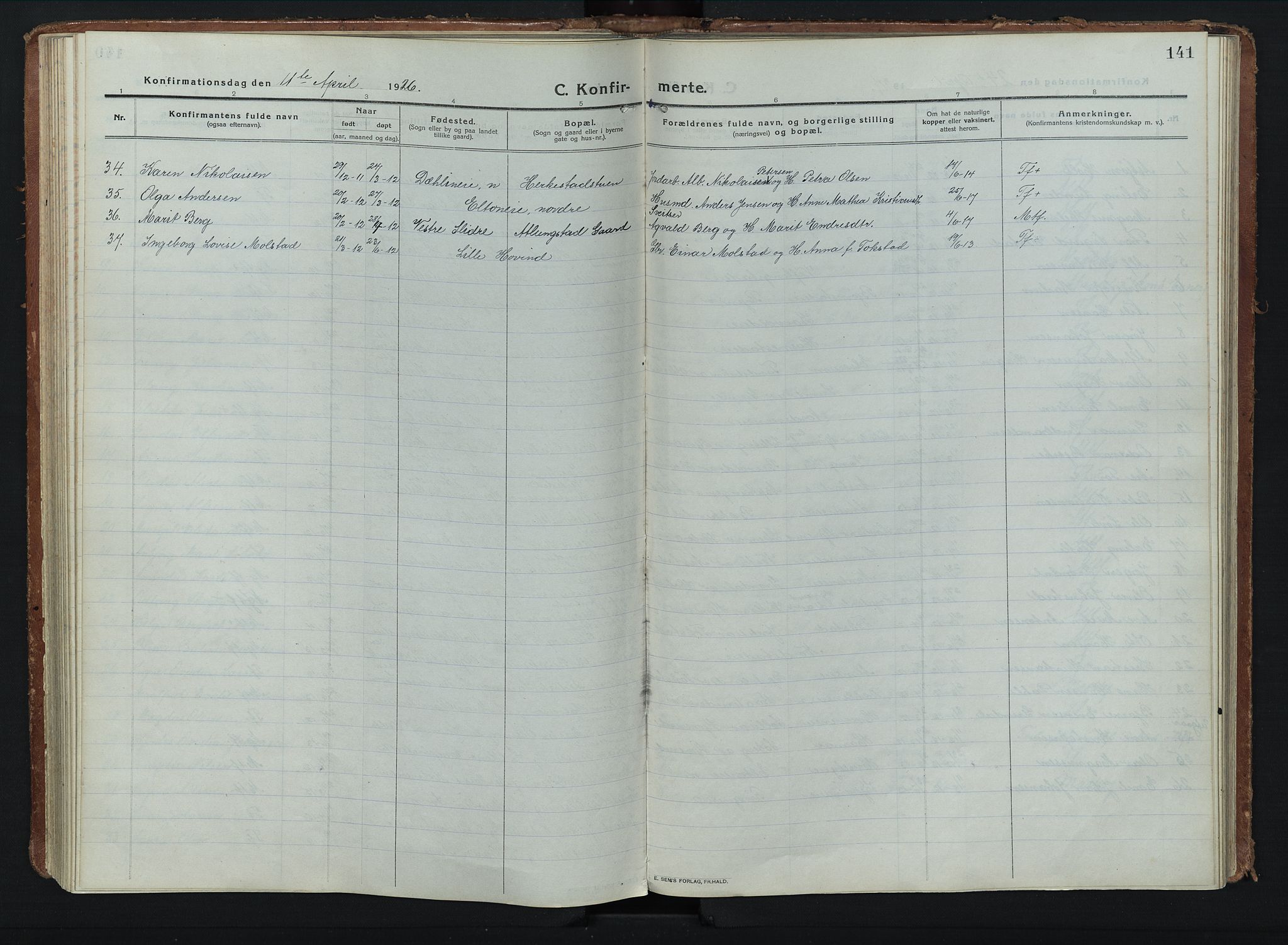 Stange prestekontor, AV/SAH-PREST-002/K/L0028: Parish register (official) no. 28, 1913-1932, p. 141