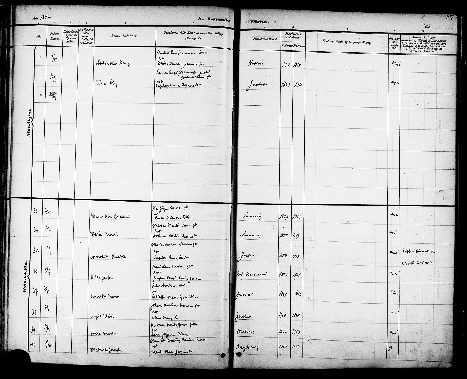 Ministerialprotokoller, klokkerbøker og fødselsregistre - Nordland, SAT/A-1459/882/L1179: Parish register (official) no. 882A01, 1886-1898, p. 47