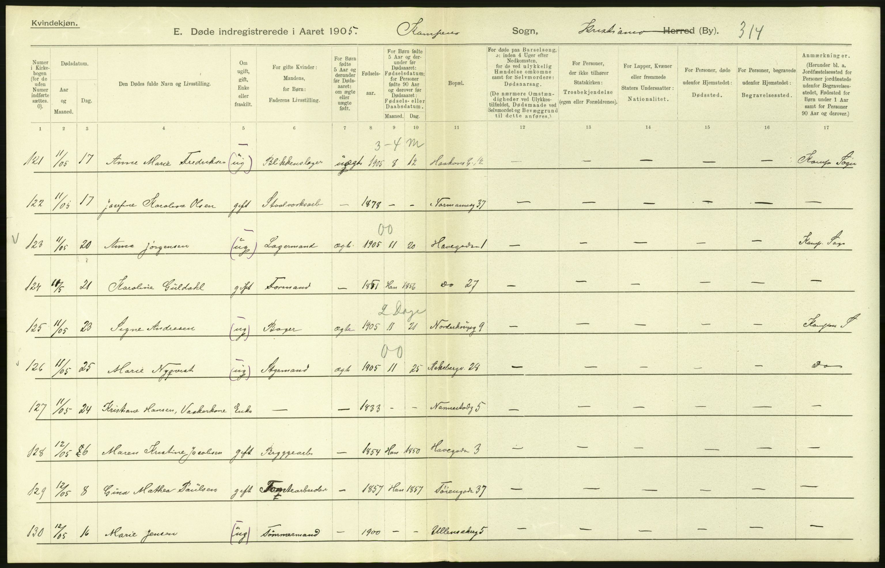 Statistisk sentralbyrå, Sosiodemografiske emner, Befolkning, RA/S-2228/D/Df/Dfa/Dfac/L0007a: Kristiania: Døde, dødfødte., 1905, p. 202