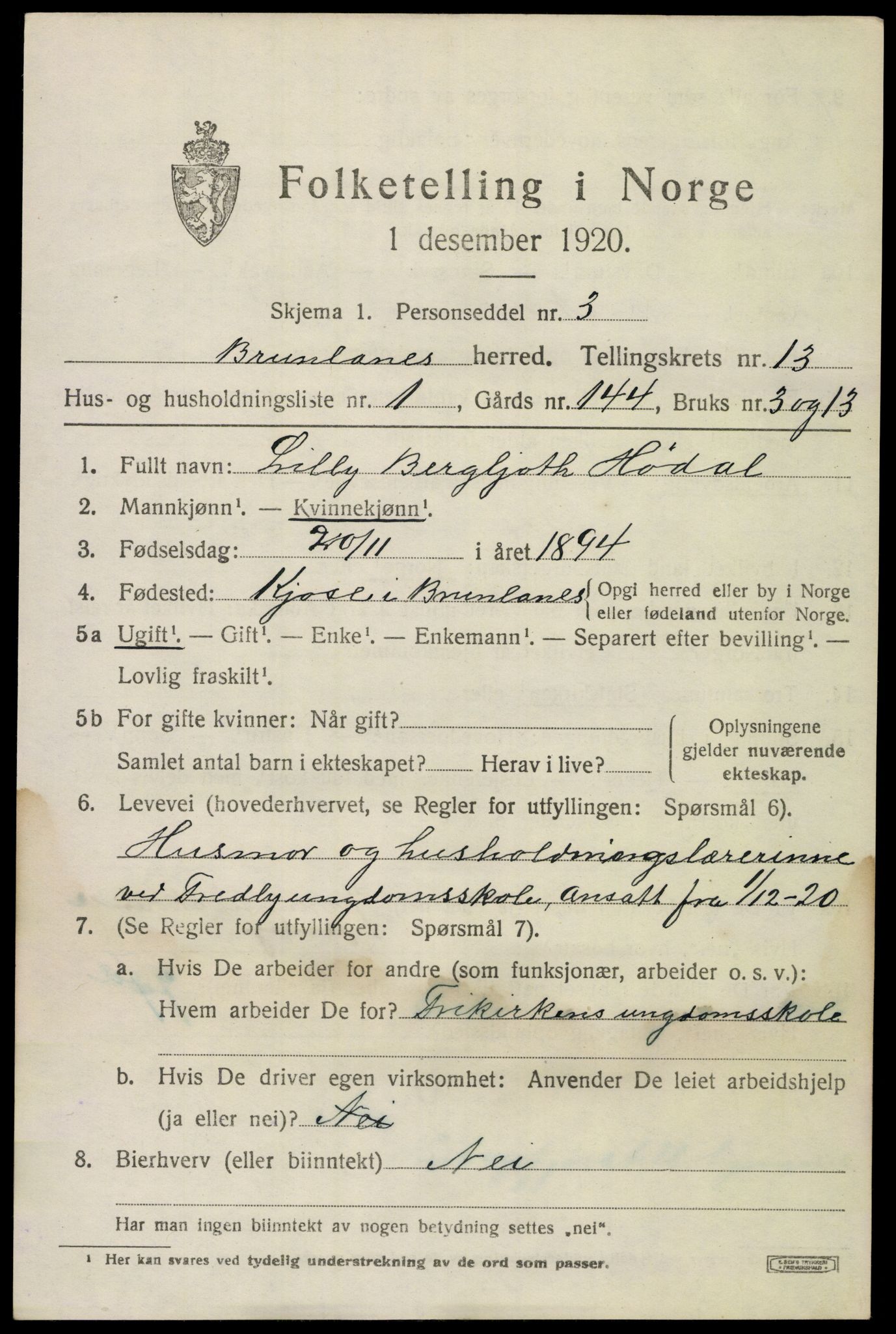 SAKO, 1920 census for Brunlanes, 1920, p. 10785