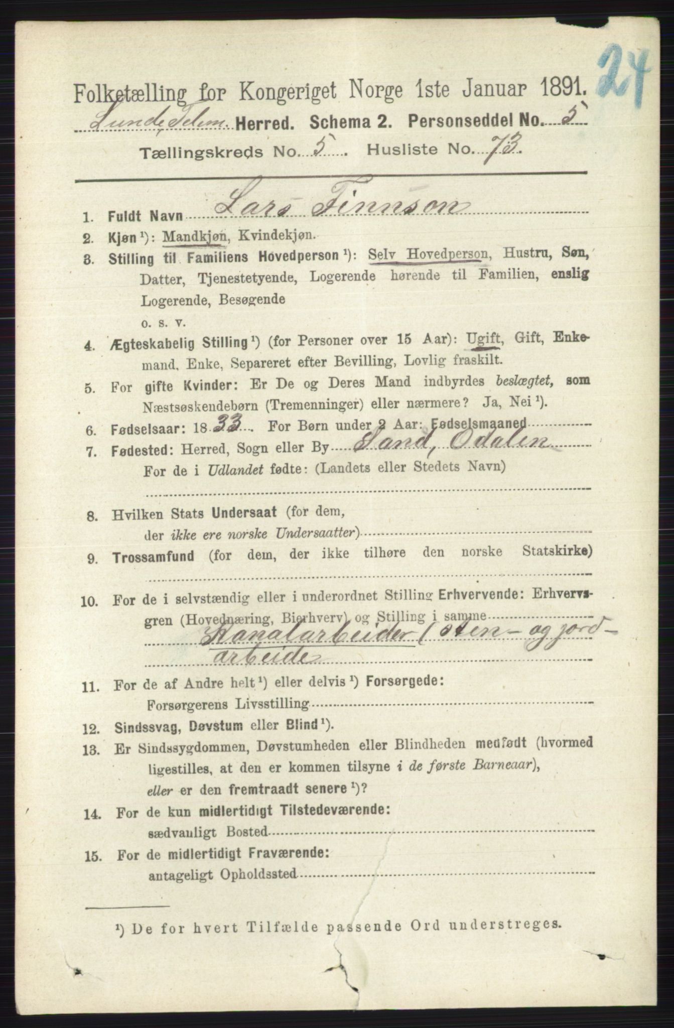 RA, 1891 census for 0820 Lunde, 1891, p. 2001