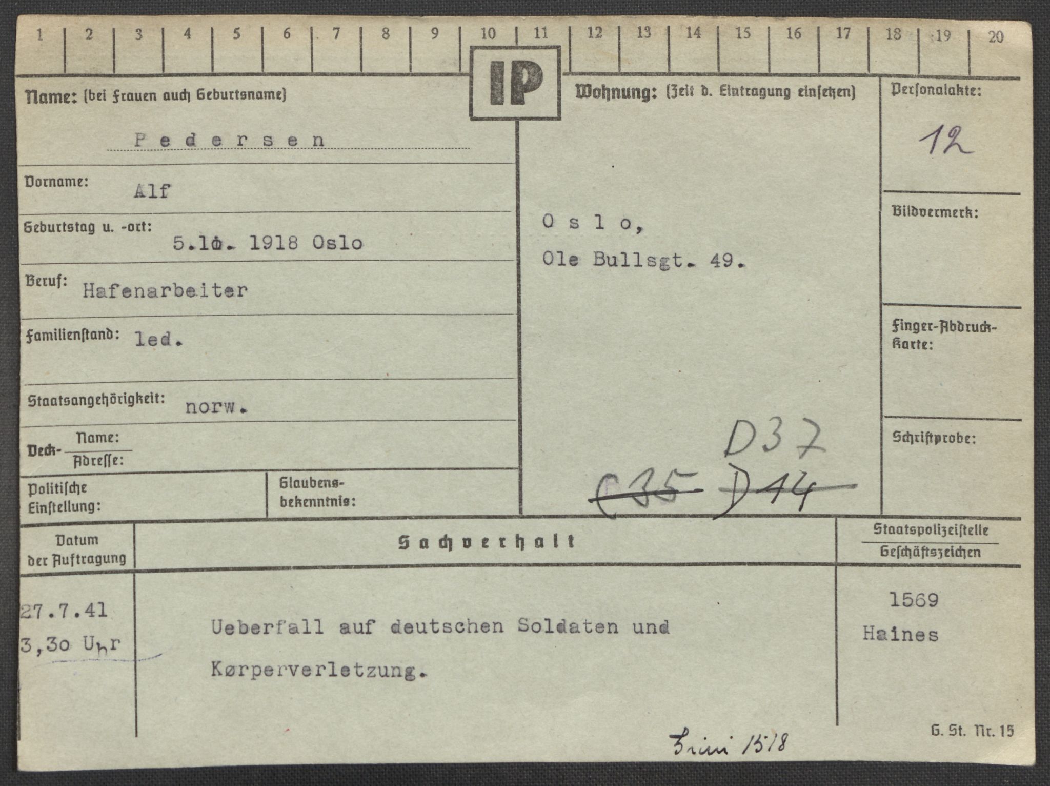 Befehlshaber der Sicherheitspolizei und des SD, AV/RA-RAFA-5969/E/Ea/Eaa/L0008: Register over norske fanger i Møllergata 19: Oelze-Ru, 1940-1945, p. 592