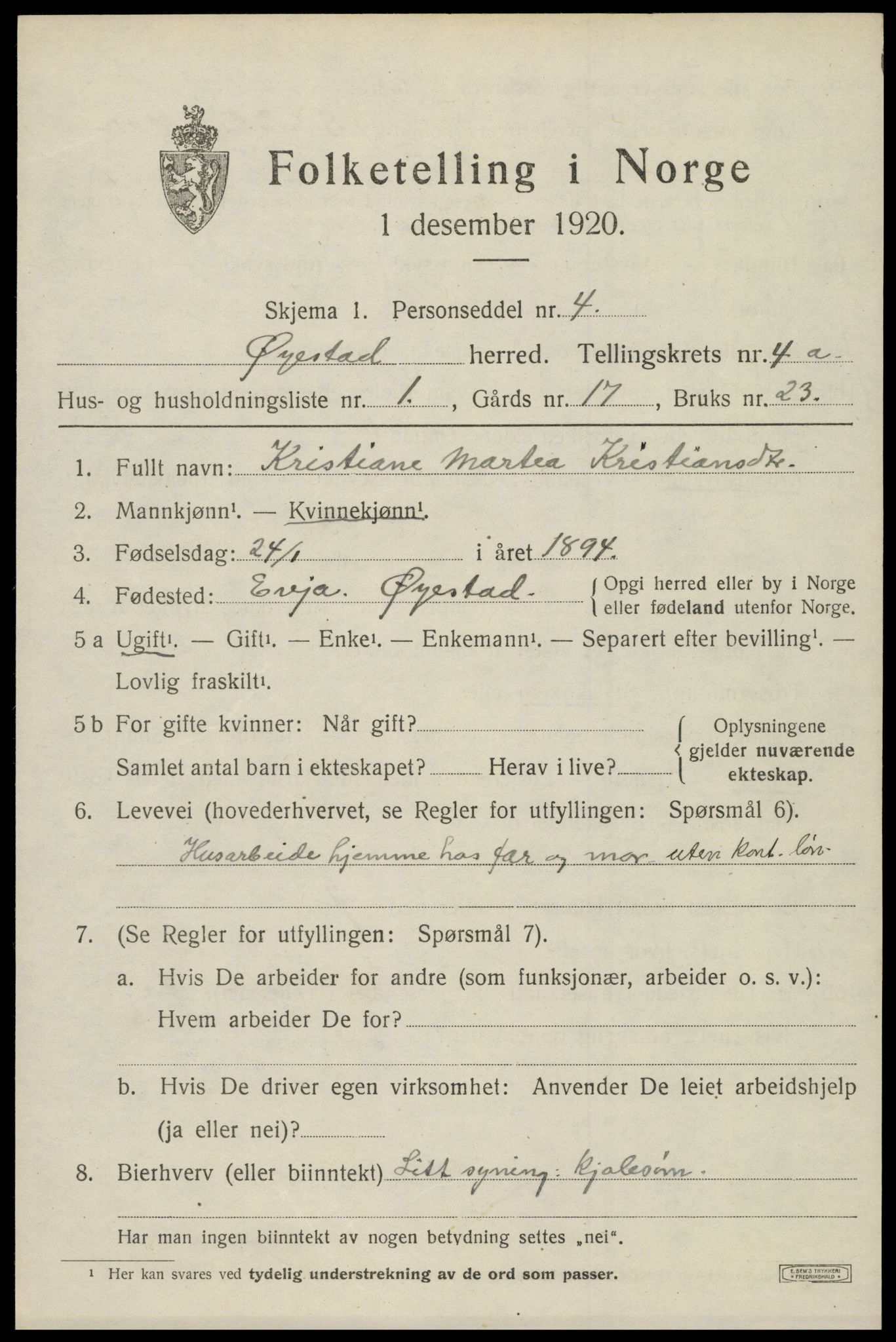 SAK, 1920 census for Øyestad, 1920, p. 3172