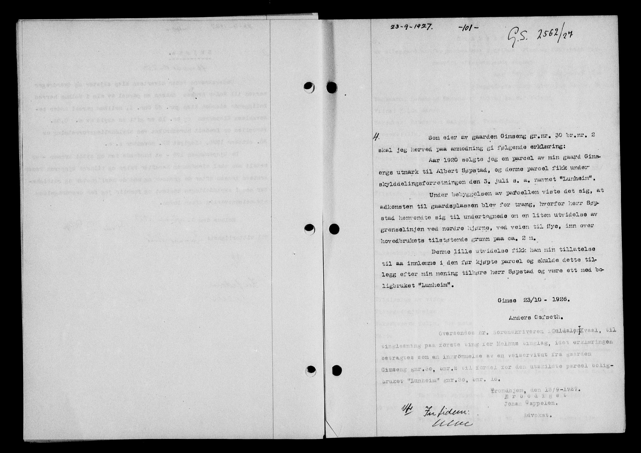 Gauldal sorenskriveri, SAT/A-0014/1/2/2C/L0036: Mortgage book no. 37, 1927-1928, Deed date: 23.09.1927