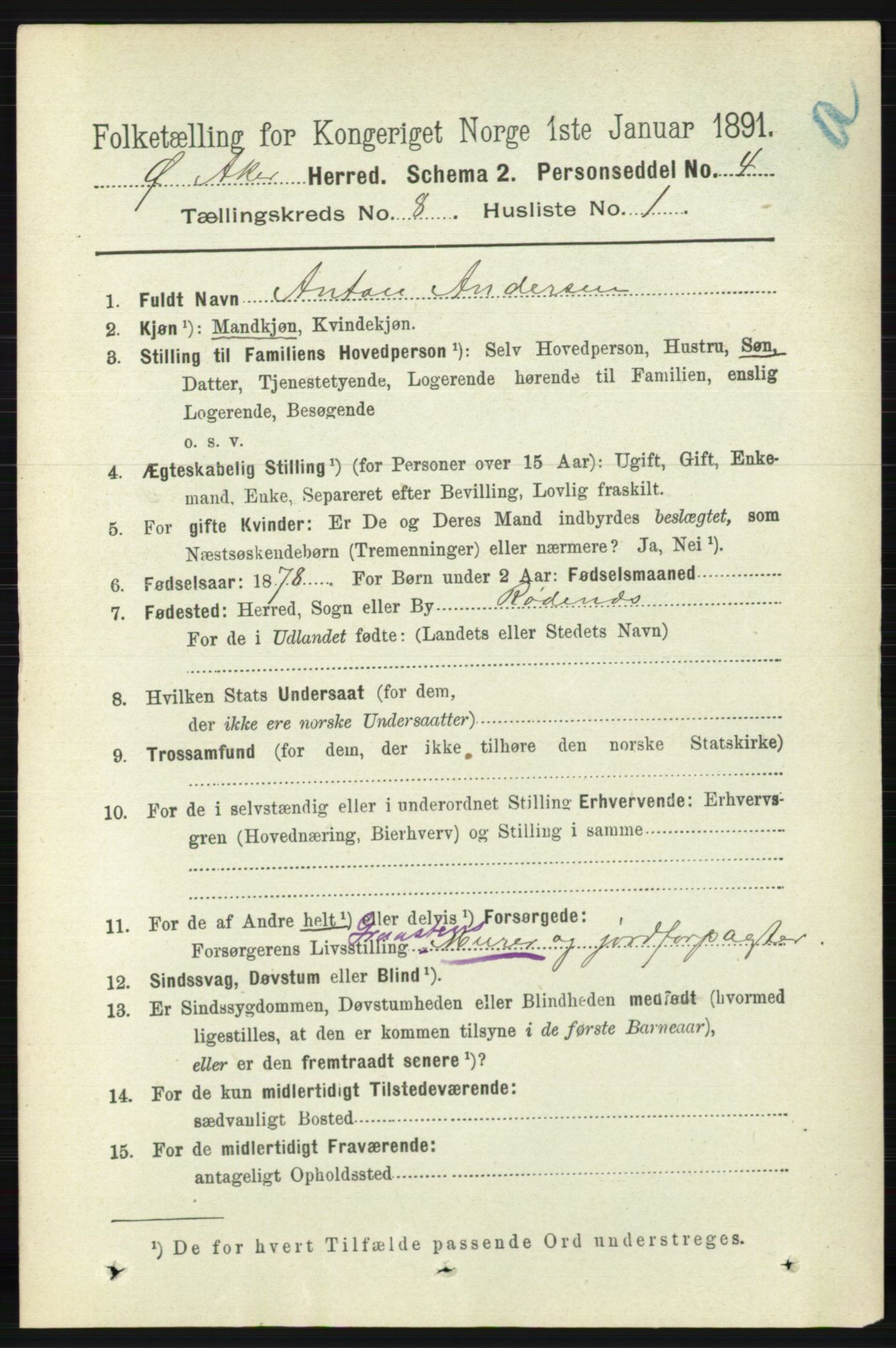 RA, 1891 census for 0218 Aker, 1891, p. 7236