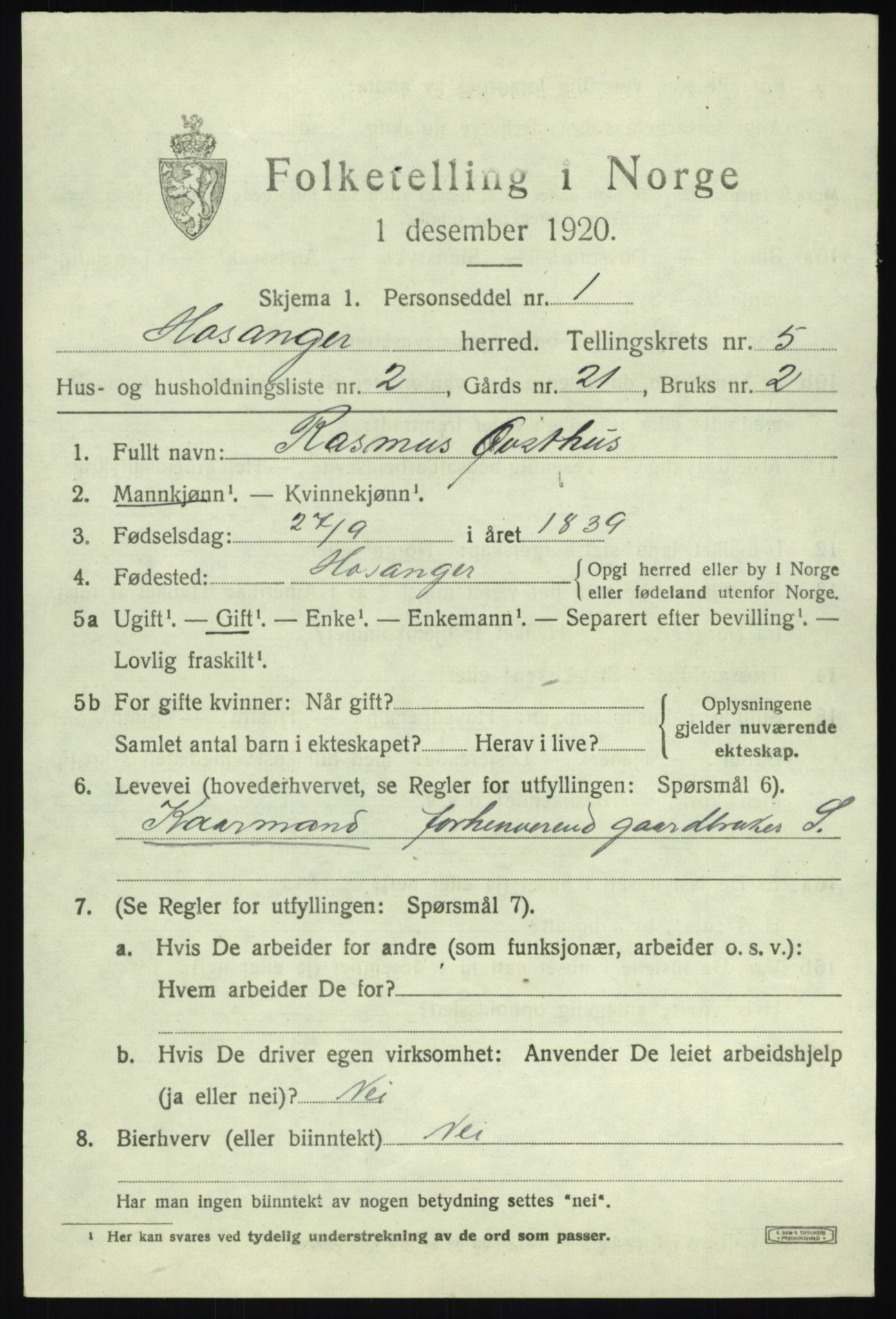 SAB, 1920 census for Hosanger, 1920, p. 2355
