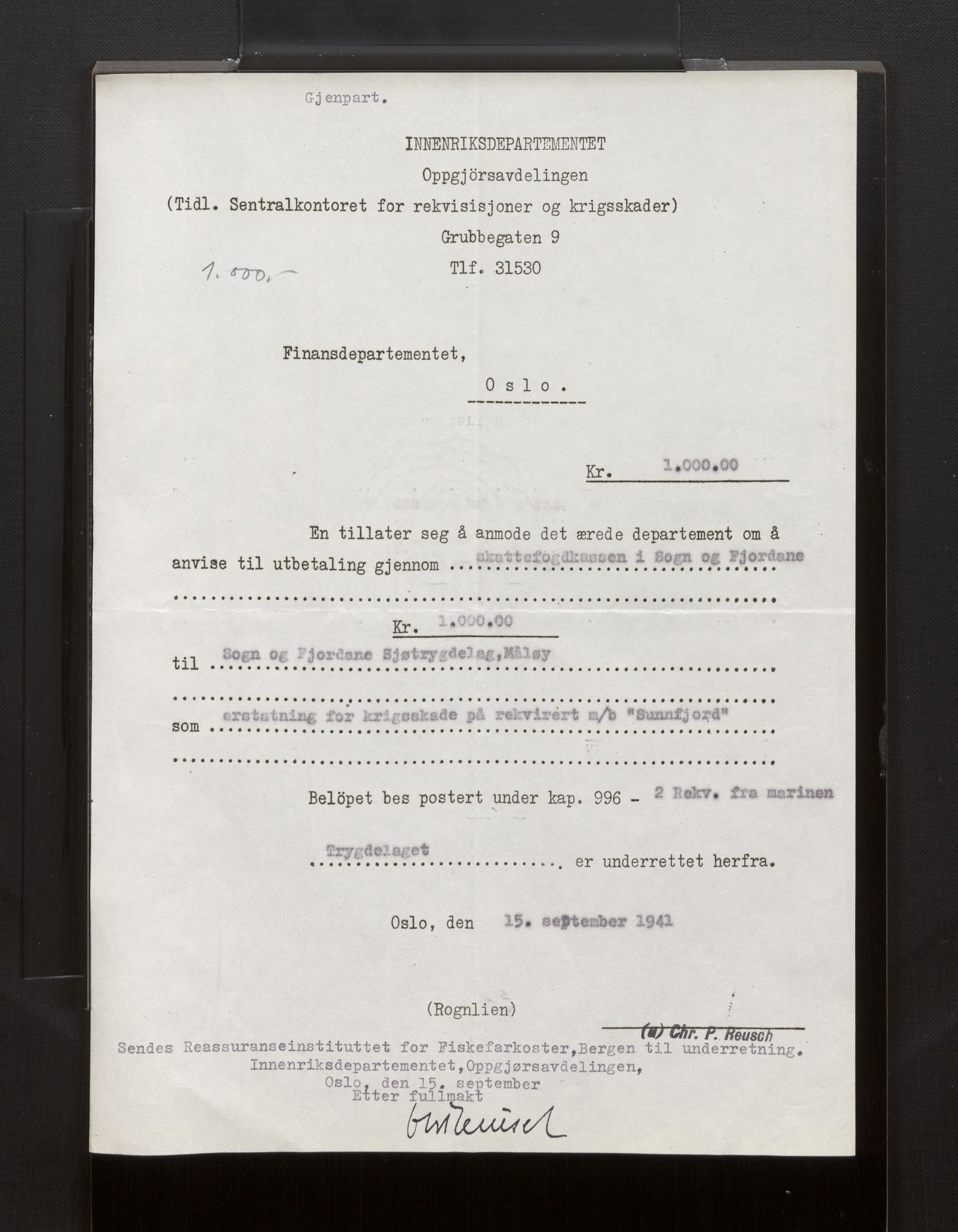 Fiskeridirektoratet - 1 Adm. ledelse - 13 Båtkontoret, AV/SAB-A-2003/La/L0008: Statens krigsforsikring for fiskeflåten, 1936-1971, p. 140