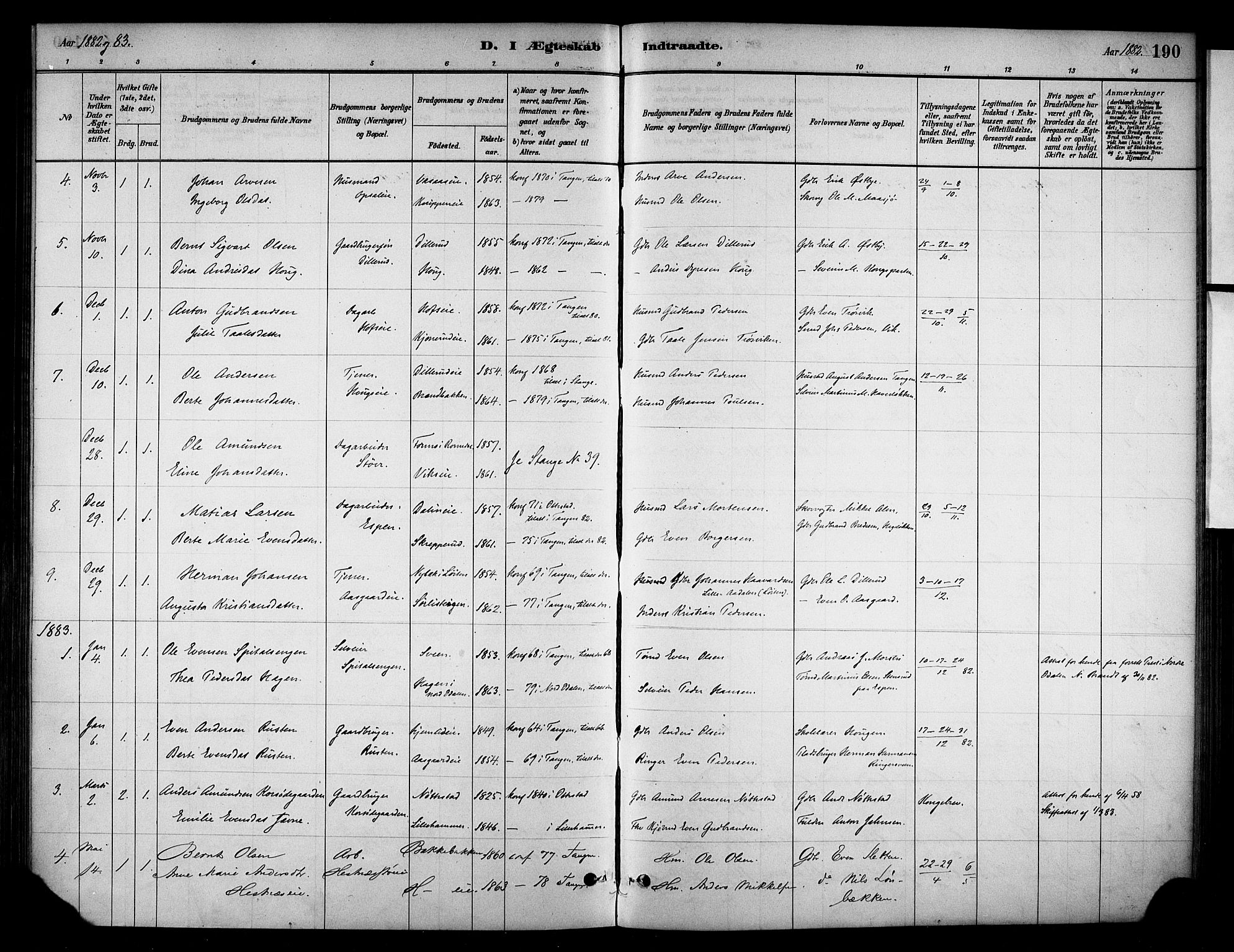 Stange prestekontor, SAH/PREST-002/K/L0018: Parish register (official) no. 18, 1880-1896, p. 190