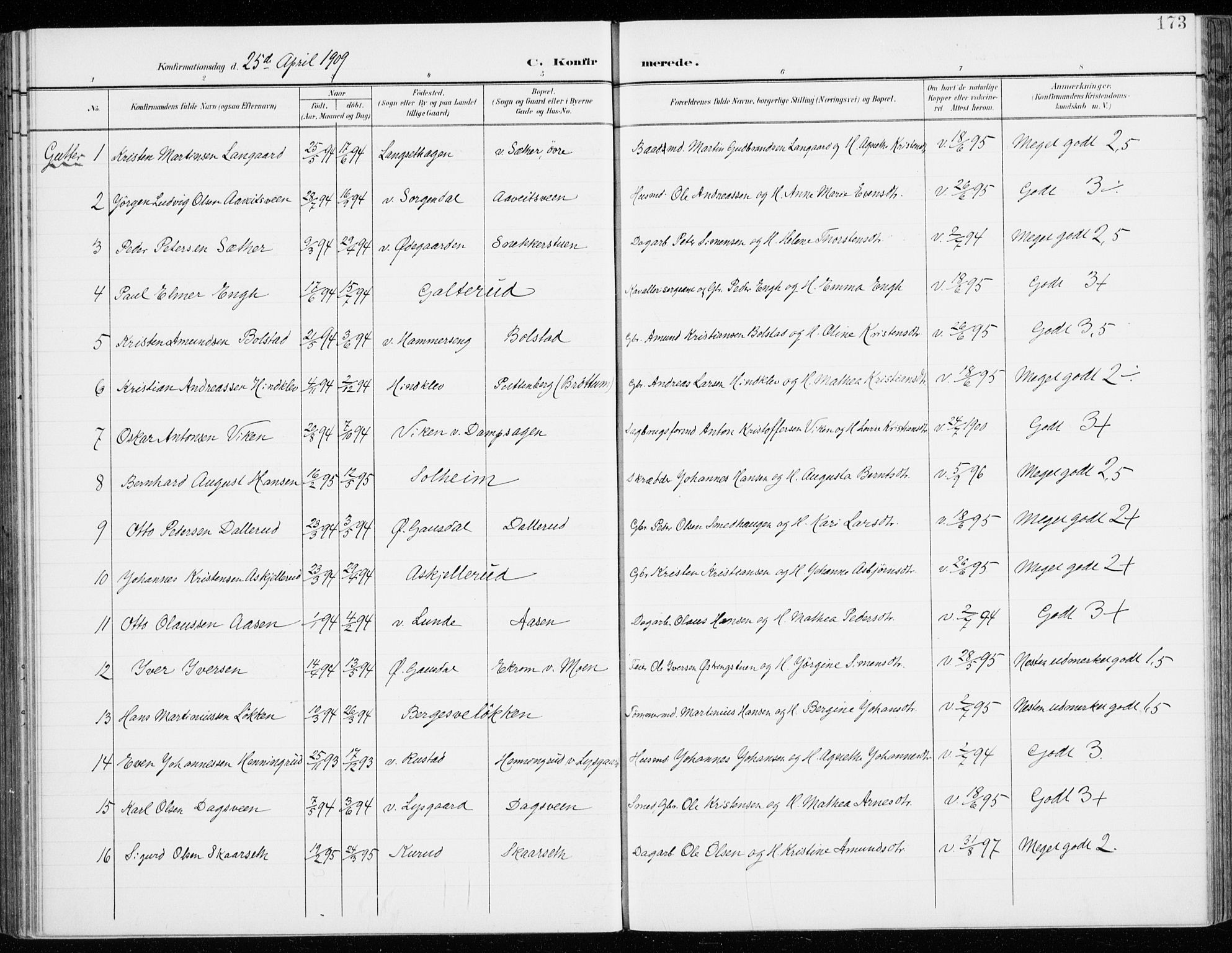 Fåberg prestekontor, SAH/PREST-086/H/Ha/Haa/L0011: Parish register (official) no. 11, 1899-1913, p. 173