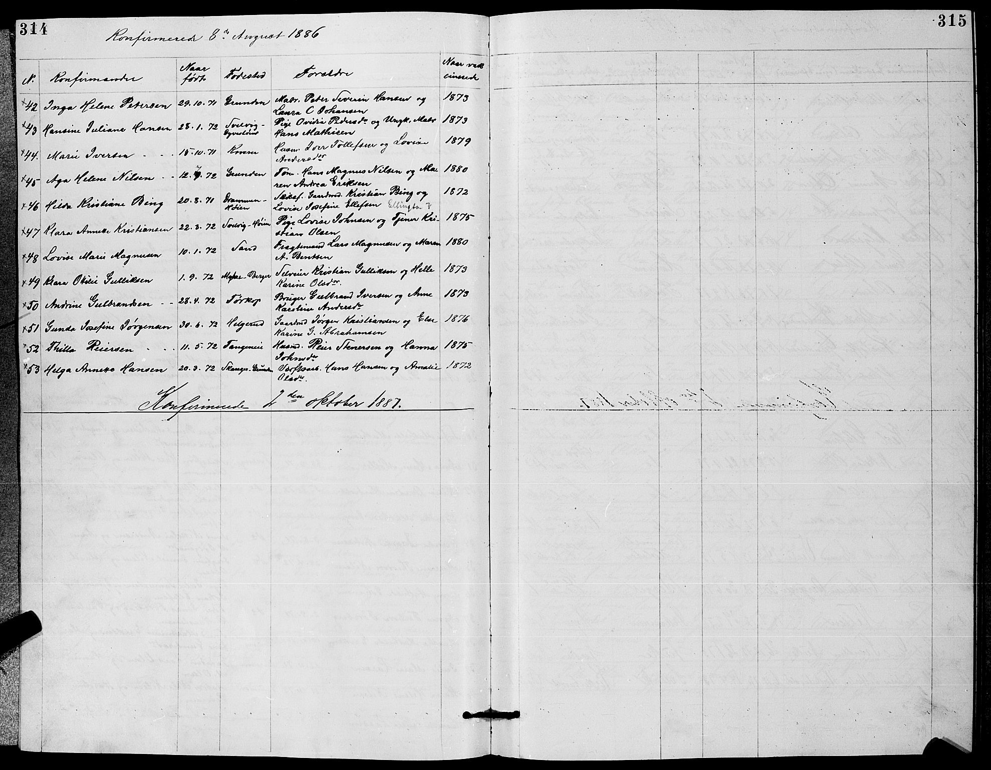 Strømm kirkebøker, AV/SAKO-A-322/G/Ga/L0002: Parish register (copy) no. I 2, 1885-1888, p. 314-315