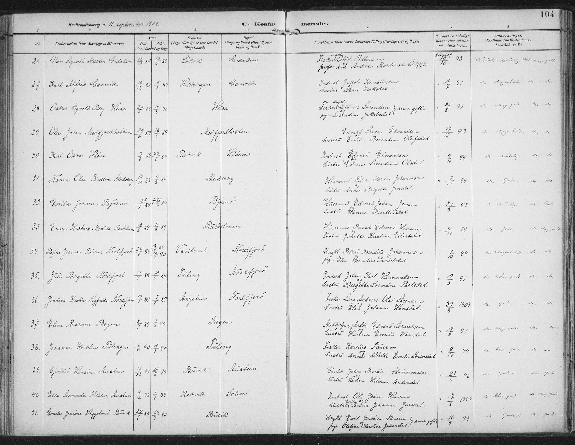 Lenvik sokneprestembete, AV/SATØ-S-1310/H/Ha/Haa/L0015kirke: Parish register (official) no. 15, 1896-1915, p. 104