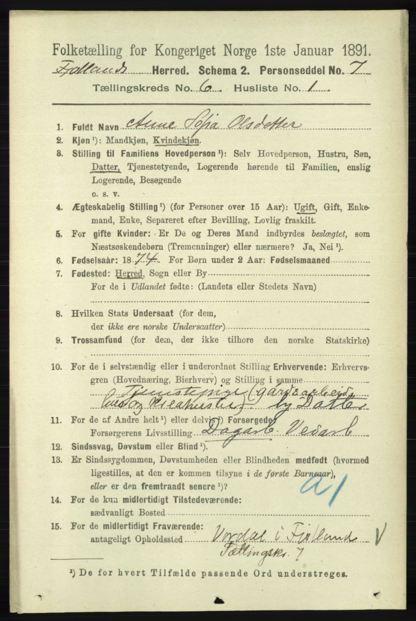 RA, 1891 census for 1036 Fjotland, 1891, p. 867