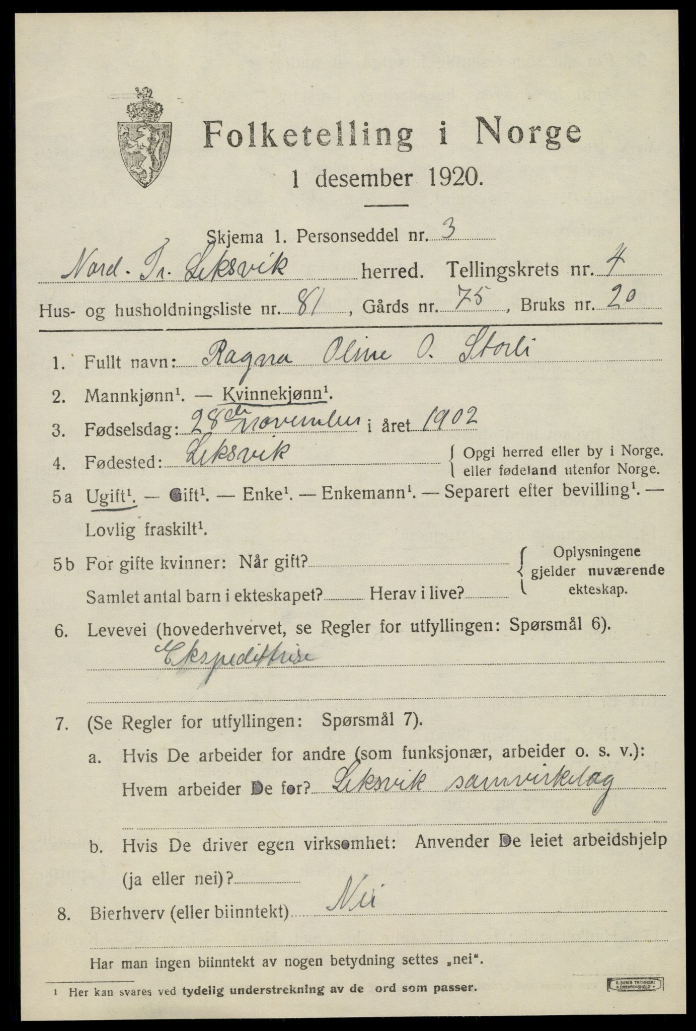 SAT, 1920 census for Leksvik, 1920, p. 4544