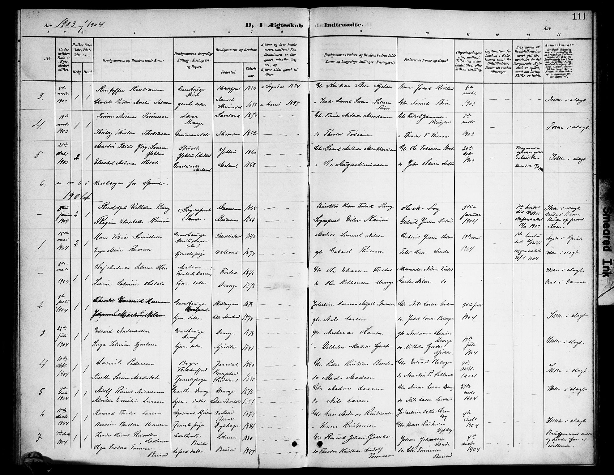 Herad sokneprestkontor, AV/SAK-1111-0018/F/Fb/Fba/L0005: Parish register (copy) no. B 5, 1899-1921, p. 111