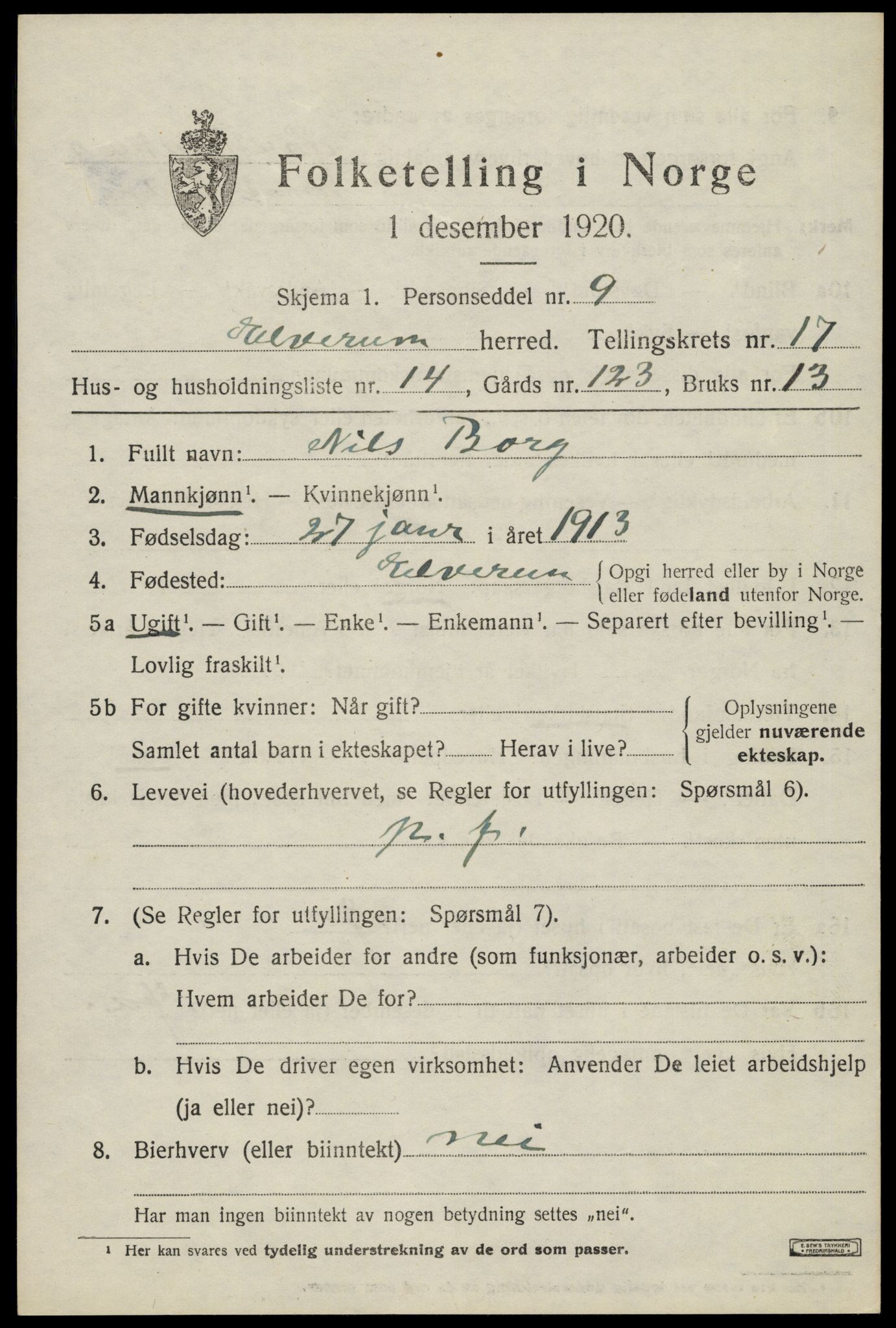 SAH, 1920 census for Elverum, 1920, p. 21448