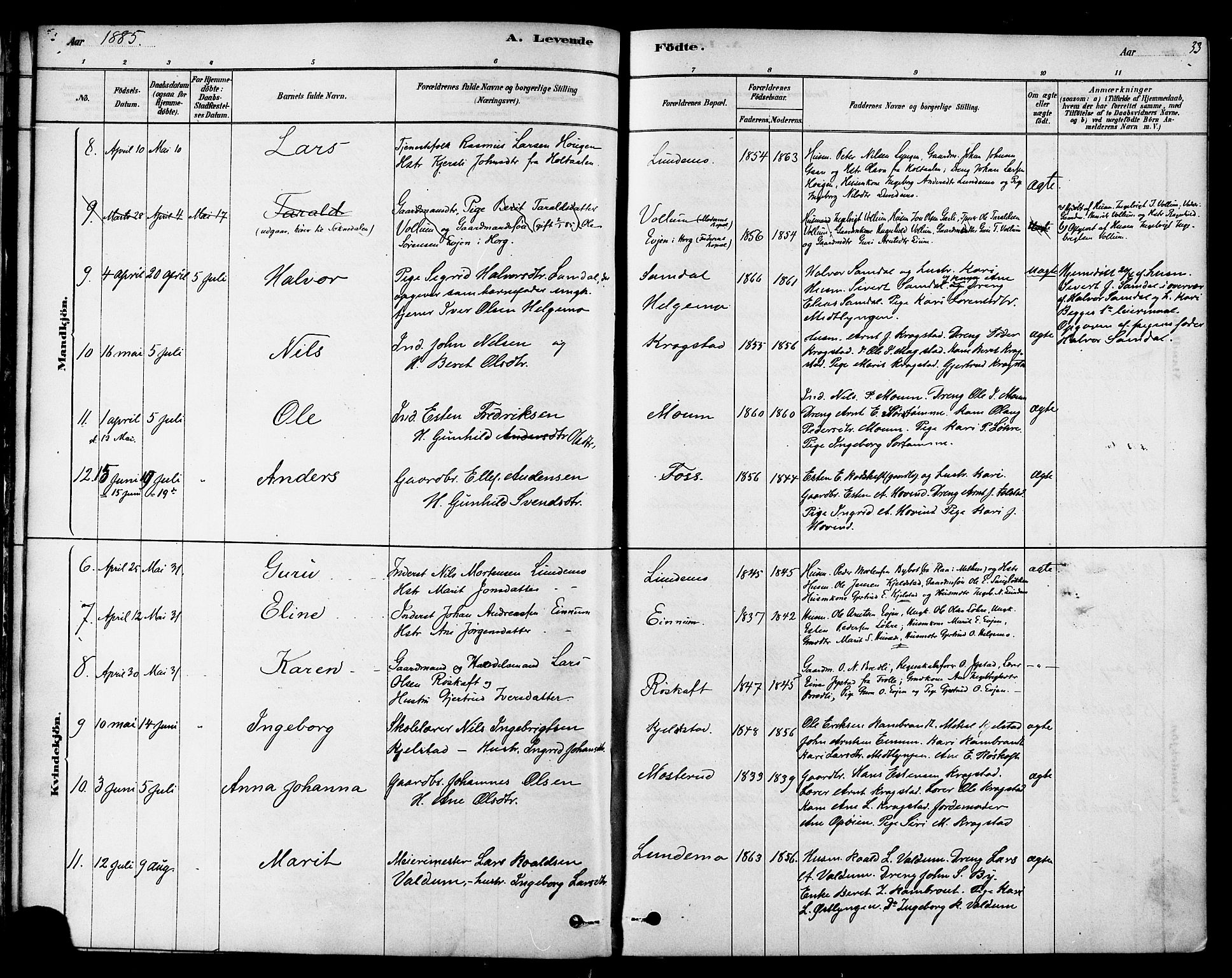 Ministerialprotokoller, klokkerbøker og fødselsregistre - Sør-Trøndelag, AV/SAT-A-1456/692/L1105: Parish register (official) no. 692A05, 1878-1890, p. 33