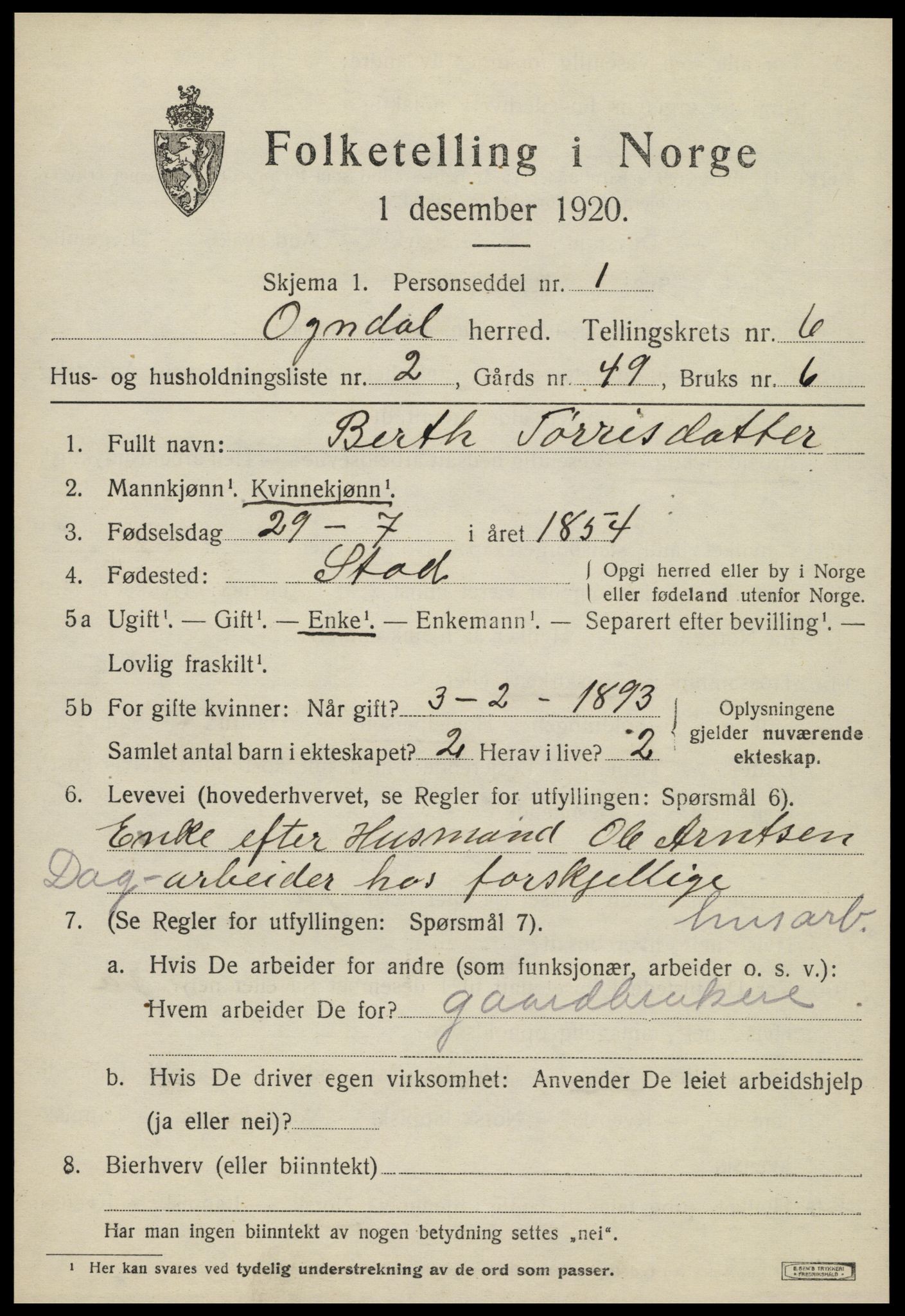 SAT, 1920 census for Ogndal, 1920, p. 2293